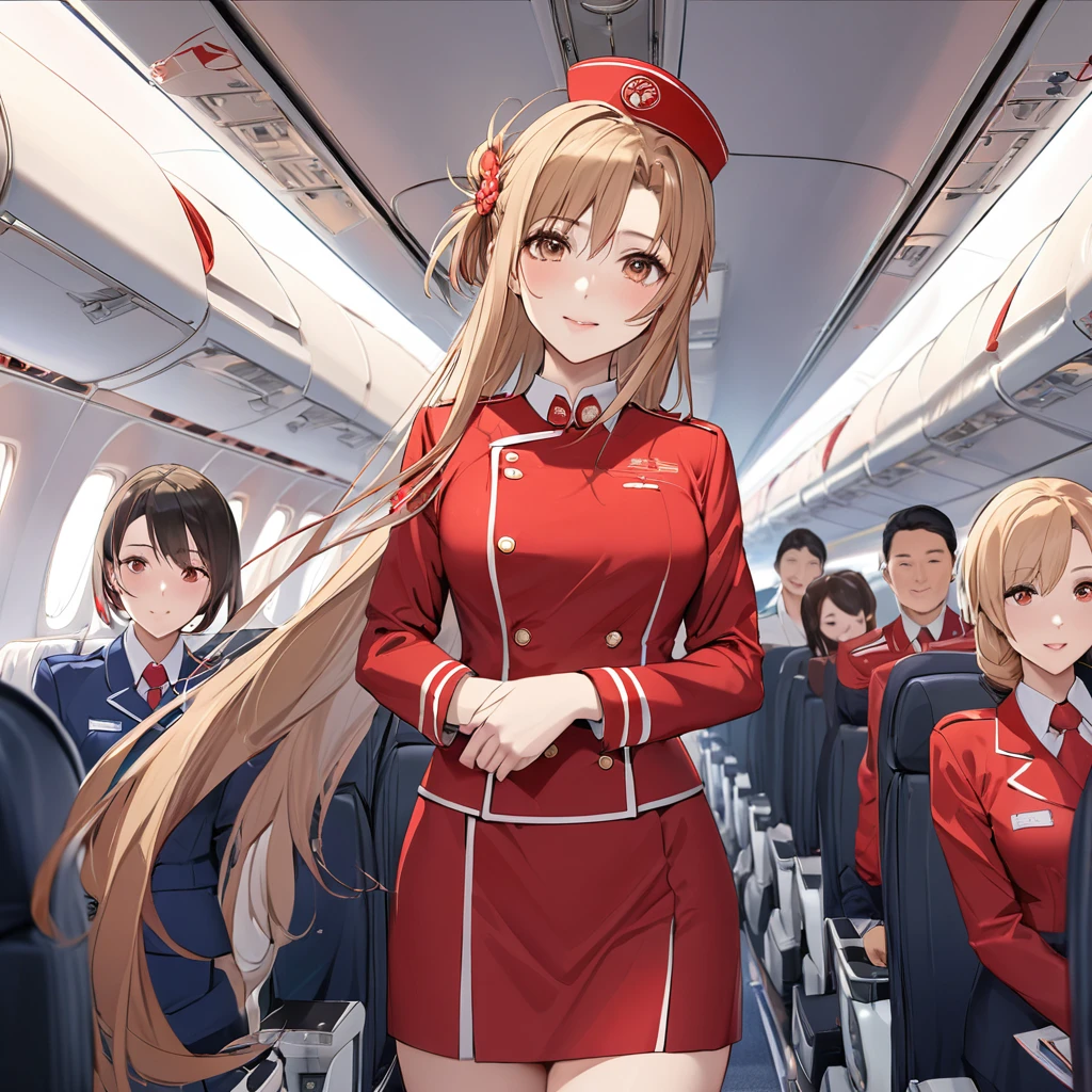 ((Highest quality)), ((masterpiece)), (detailed), （Perfect Face）、The woman is a Chinese flight attendant for Air China, named Yuuki Asuna, with light brown, medium-long hair.、The woman is wearing the red uniform of an Air China flight attendant.、The woman is an honorable special flight attendant reserved for members of the Chinese Communist Party.