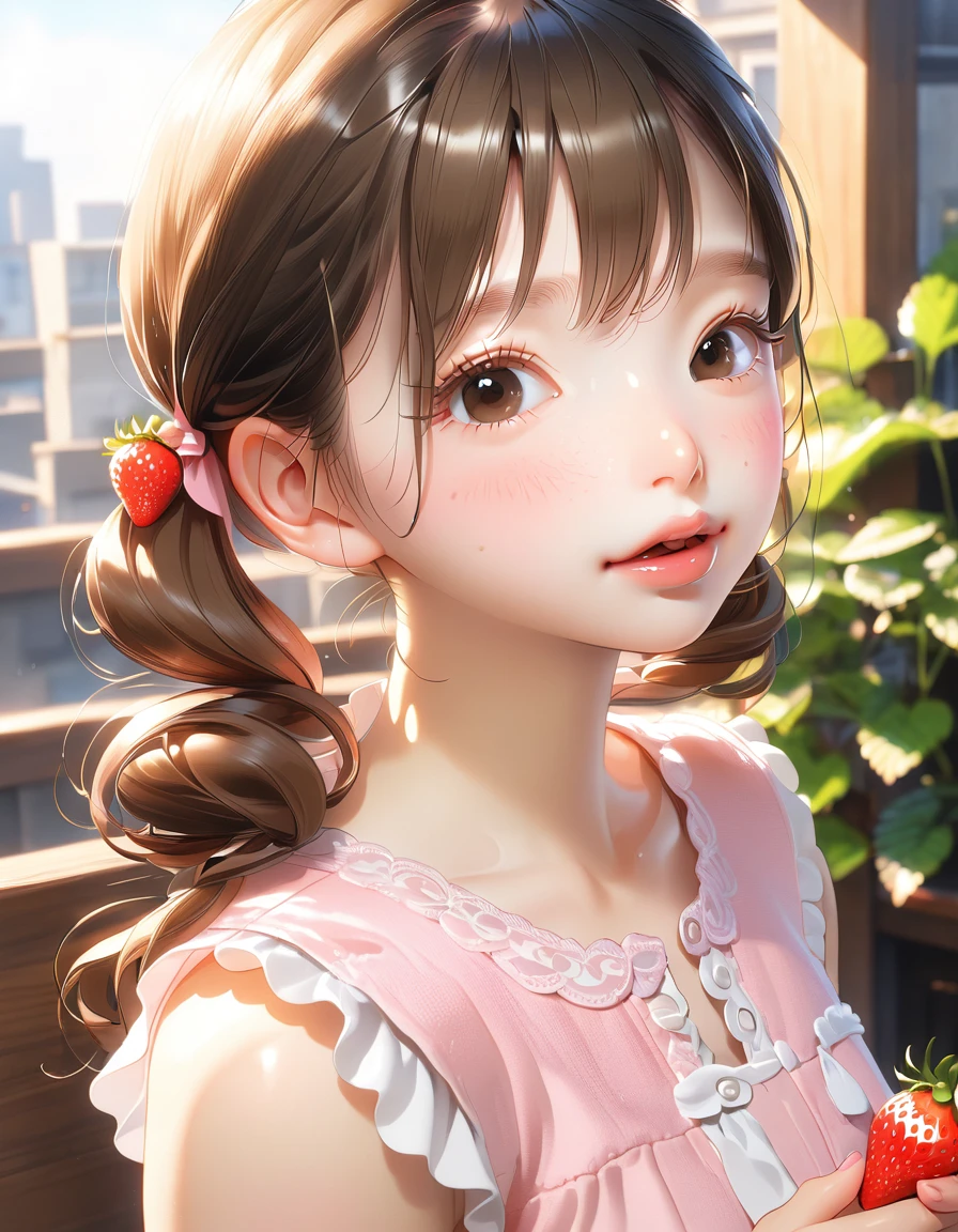 Highest quality, masterpiece, Ultra-high resolution, Realistic:1.2, RAW Photos, Intricate details, Portraiture, Big beautiful brown eyes:1.2, Perfect contours, Perfect proportions:1.2, One Girl, break ((Close-up of the mouth:1.2, from above:1.2, (front shot:1.2), (looking up:1.2))), ((petite, short, tiny girl:1.2)), Light Brown Hair、((twintails:1.2)), (makeup:1.2, full lips:1.3, pink lips:1.3, shiny lips:1.3), (Trying to eat a strawberry:1.2、kiss a strawberry), (Hold a strawberry in front of your mouth:1.2), (High-end sleeveless shirt:1.2, Tight Skirt:1.2), break (Close one eye、Embarrassed look:1.2)、((small smile:1.2))、 (Background: Company、A few colleagues)