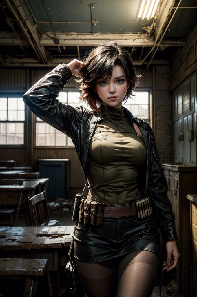 (masterpiece, best quality:1.2), cowboy shot, solo, dynamic pose, 1girl, ruby rose, looking at viewer, military uniform, pantyhose, standing inside wrecked classroom, ruble on old desks, collapsed ceiling, , bonfire, crowd outside searching with rifles, (crowd in military uniforms) night, stars, grin, post-apocalypse, dystopian future