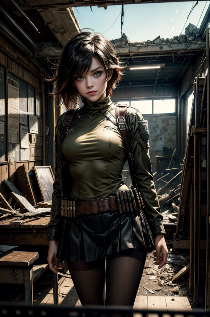 (masterpiece, best quality:1.2), cowboy shot, solo, dynamic pose, 1girl, ruby rose, looking at viewer, military uniform,  pantyhose, standing inside wrecked classroom, ruble on old desks, collapsed ceiling, , bonfire, crowd outside searching with rifles, (crowd in military uniforms) night, stars, grin, post-apocalypse, dystopian future 