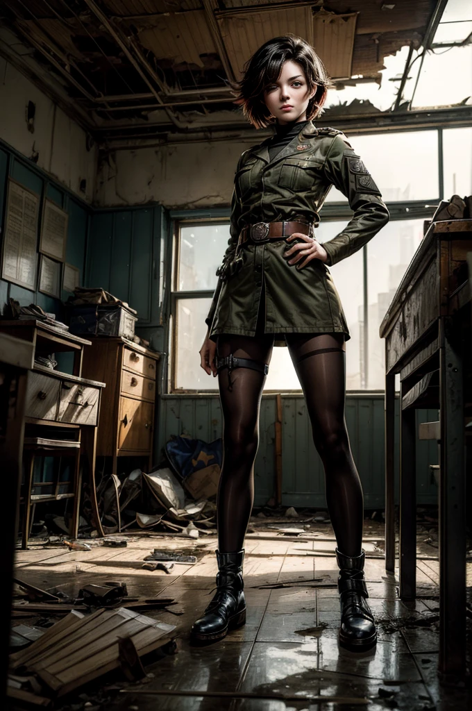 (masterpiece, best quality:1.2), cowboy shot, solo, dynamic pose, 1girl, ruby rose, looking at viewer, military uniform, pantyhose, standing inside wrecked classroom, ruble on old desks, collapsed ceiling, , bonfire, crowd outside searching with rifles, (crowd in military uniforms) night, stars, grin, post-apocalypse, dystopian future