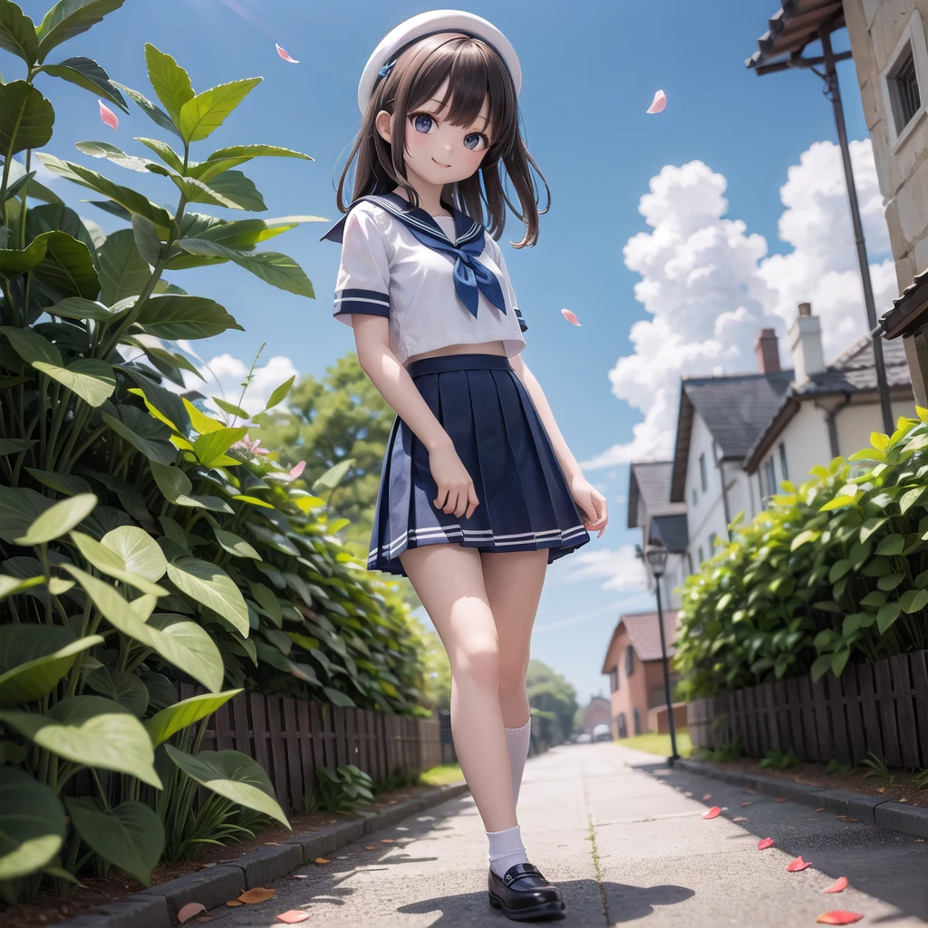 (masterpiece), town, blue sky, One Girl, smile, alone, Sailor suit、Below the knee skirt, Overgrown, petal, plant、Skirt lining、Translucent slip