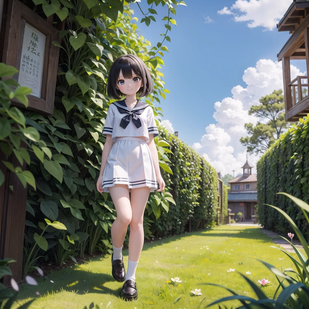 (masterpiece),  town,  blue sky,  One Girl,  smile,  alone,  Sailor suit、Below the knee skirt,  Overgrown,  petal,  plant、Skirt lining、Translucent slip