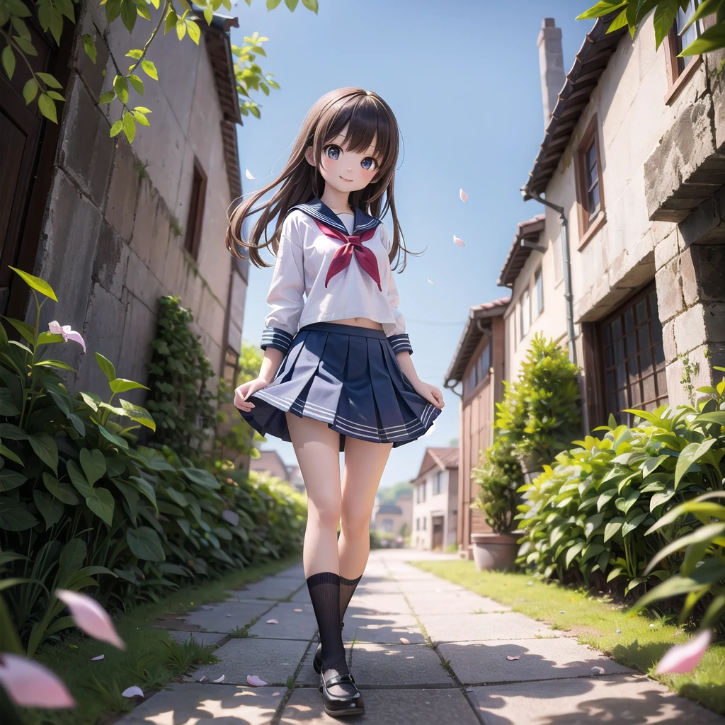 (masterpiece), town, blue sky, One Girl, smile, alone, Sailor suit、Below the knee skirt, Overgrown, petal, plant、Skirt lining、Translucent slip