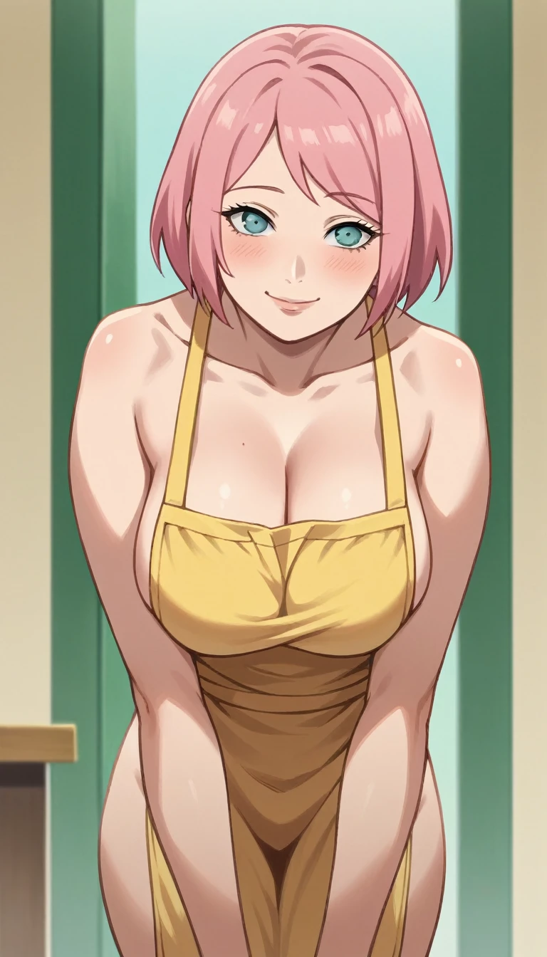 sakura haruno (boruto) - Pony, (Close-up view from below), Big breasts,Off the shoulder, 最high quality, masterpiece, Very detailed, high quality, High resolution, One girl, Mature Woman, Like a parent, sexy, minder, Pink Hair, short hair, Light blue eyes, beautiful, beautiful and perfect face, kind, smile, Loosen your lips,A seductive gaze, blush heavily, Close ~ eyes, Ready to kiss, Pure white skin,sexyな息視聴者を見る, (Naked Apron,Yellow apron, White polka dot apron), Large Breasts, Cleavage, Saggy breasts, Big Ass, Curved body, throw, whole body, Stand sideways, In the bedroom, At the door, Leaning forward