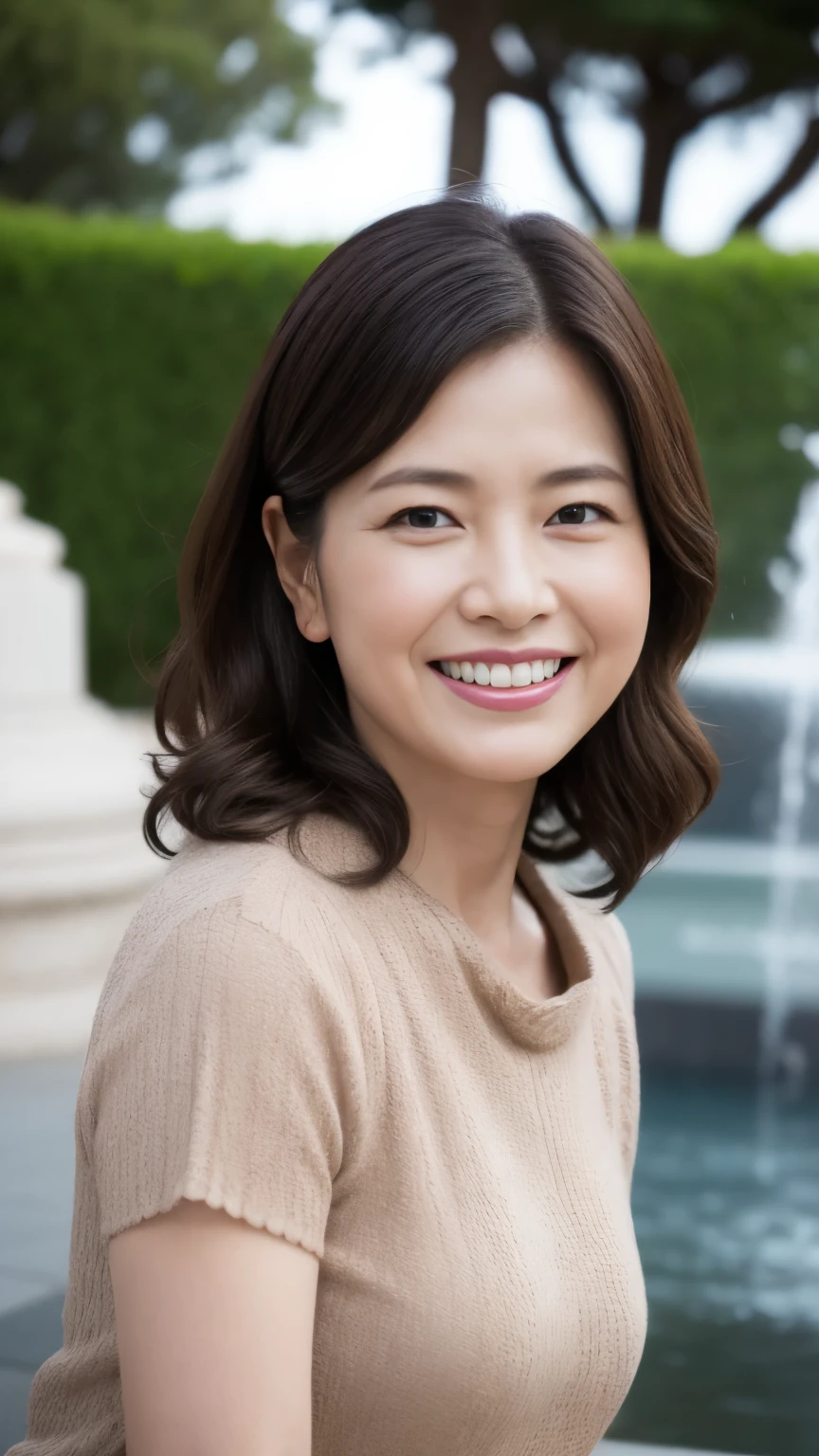 最high quality, In 8K, whole body, Real, Upper Body, high quality, High resolution, Detailed face, Detailed eyes, Thick lips, (Look at the viewers), alone, Middle-aged women, , 60 years old, , Wavy Hair, , Wearing short sleeves, Standing in front of a fountain, Wrinkles around the eyes, Smiling with teeth showing, Background Blur