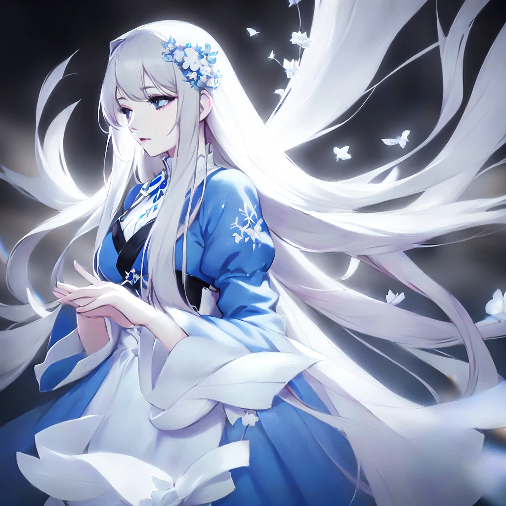 Anime girl with long white hair and blue dress with white flowers., detailed fanart, [ Artedigital 4K ]!!, highly detailed exquisite fanart, Digital art on Pixiv, detailed digital animated art, 8K high quality detailed art, digital animated art, guweiz style artwork, made with anime painter studio, ! dream art germ, fanart best art station