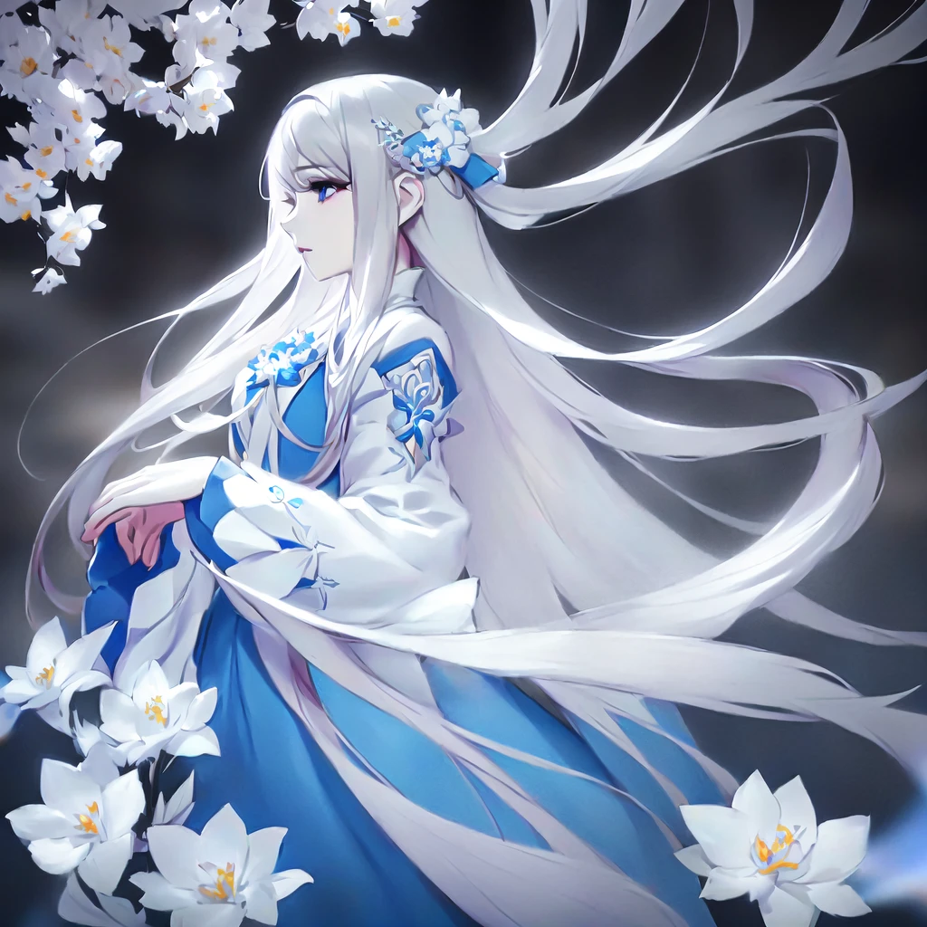 Anime girl with long white hair and blue dress with white flowers., detailed fanart, [ Artedigital 4K ]!!, highly detailed exquisite fanart, Digital art on Pixiv, detailed digital animated art, 8K high quality detailed art, digital animated art, guweiz style artwork, made with anime painter studio, ! dream art germ, fanart best art station