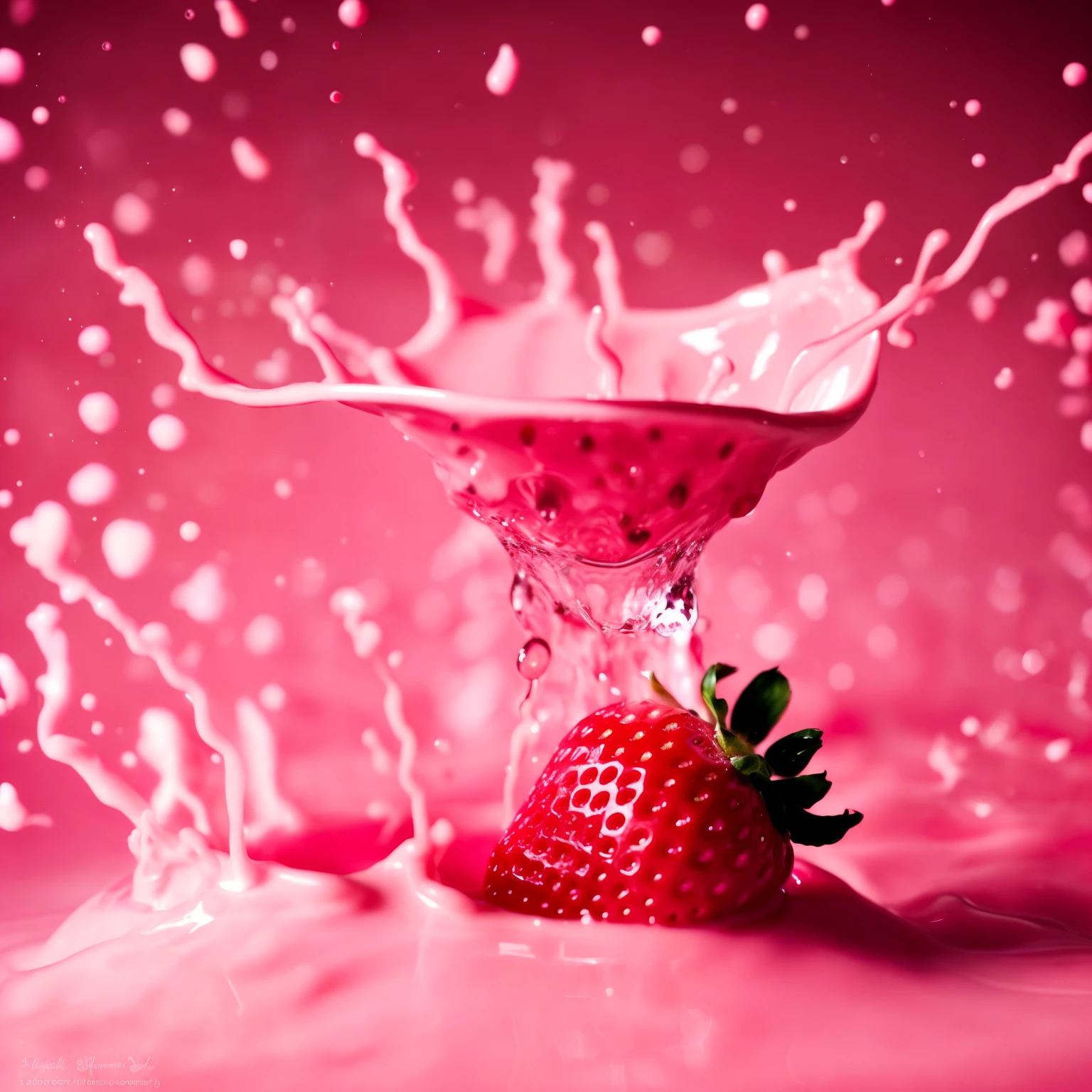 a strawberry is falling into a pink liquid, milk bath photography, strawberry, slow - mo high speed photography, flowing milk, realistic jelly splashes, super high speed photography, berries dripping juice, fight with strawberries, strawberry granules, inspired by Alberto Seveso, berries dripping, high speed photography, award winning macro photography, culinary art photography, splash image