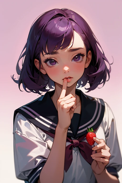 18 year old beautiful girl, ＪＫ, Sailor suit, masterpiece:1,2, Highest quality, 8K Animation, ((Thin fingers, Accurate Fingers:Thumb 1４)), Finger holding a strawberry, School classroom background, 1 girl, alone, Light purple medium hair, View your audience:1.2, ((strawberry)), Suck with your mouth open, Glossy Lips, look up:1.2, focus on lips, Face Up Shot