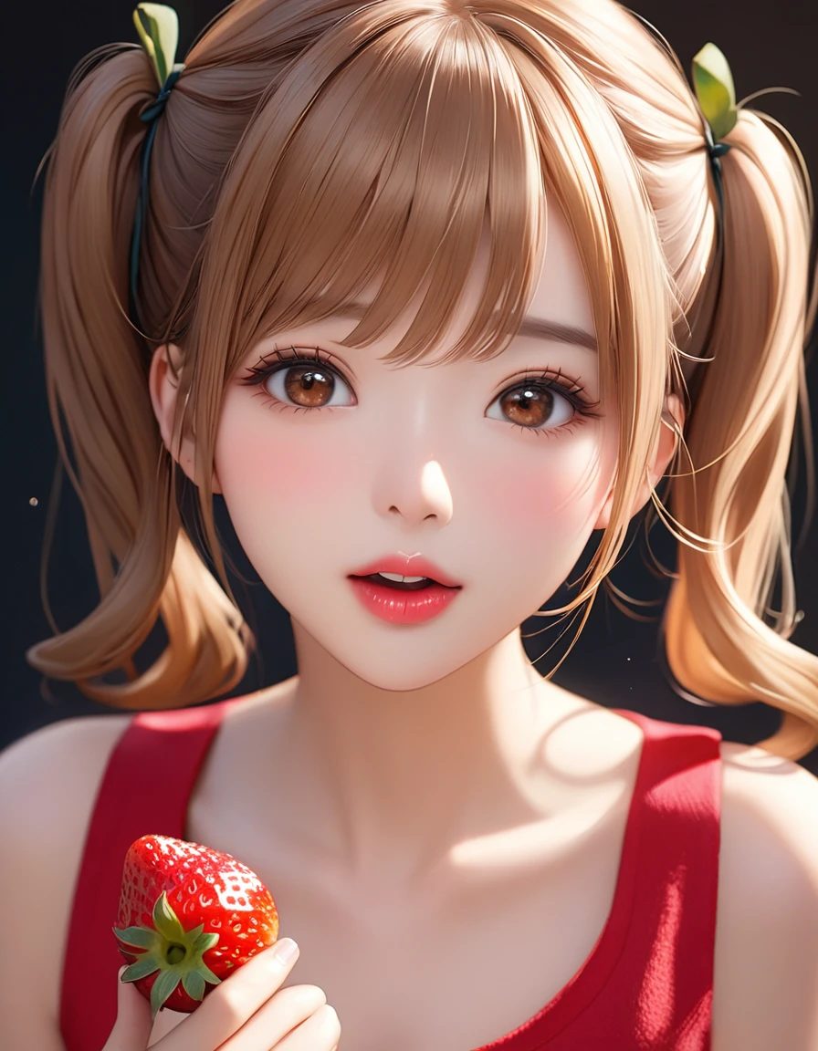 Highest quality, masterpiece, Ultra-high resolution, Realistic:1.2, RAW Photos, Intricate details, Portraiture,　Big beautiful brown eyes:1.2, Perfect contours, Perfect proportions:1.2, One Girl, break　((Close-up of the mouth:1.2, from above:1.2, (front shot:1.2), (looking up:1.2))), ((petite, short, tiny girl:1.2)), Light Brown Hair、((twintails:1.2)), (makeup:1.2, full lips:1.3, pink lips:1.3, shiny lips:1.3), (Trying to eat a strawberry:1.2、kiss a strawberry), (Hold a strawberry in front of your mouth:1.2), (High-end sleeveless shirt:1.2, Tight Skirt:1.2), break　(Close one eye、Embarrassed look:1.2)、((small smile:1.2))、 (Background: Company、A few colleagues)