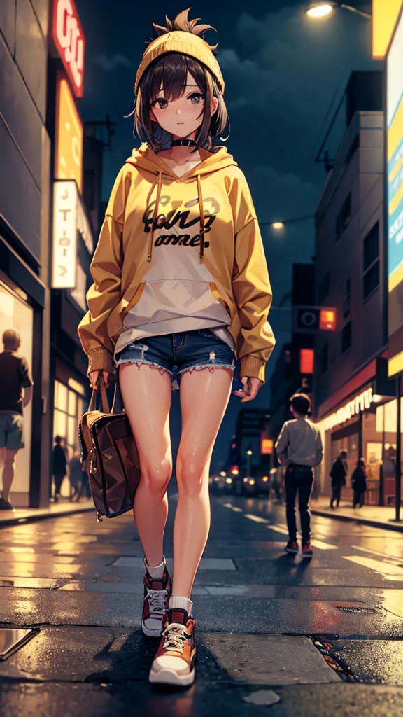 girl wearing a light brown oversized hoodie and ripped denim shorts walking in the sidewalk of the city at night, strip lights on