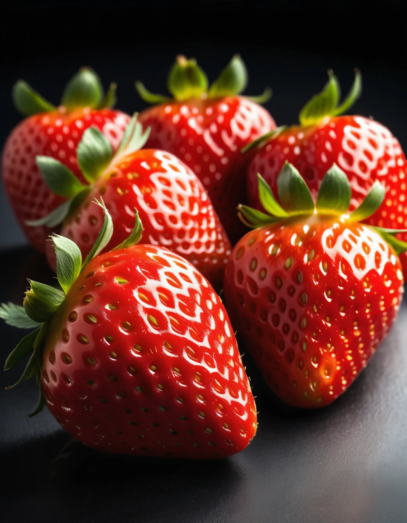 photorealistic, 8k, high quality, studio lighting, sharp focus, vibrant colors, minimalist design,1 red ripe strawberries, close-up view, textured surface, fresh produce, natural lighting, clean background, simple composition, smooth round shapes, luscious berries, glistening skin, product photography