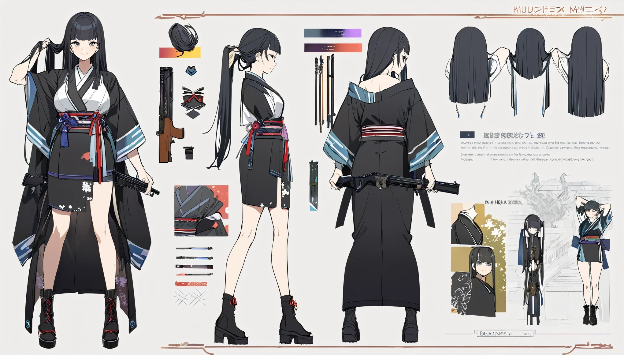 I play at music habs、kimono、Japanese sword、rifle、Tying up hair、gun、Virtual Character Design,Black Hair、blunt bangs、Straight Hair、Concept character sheet, face, Modern design, 1 female,Sexy concept,