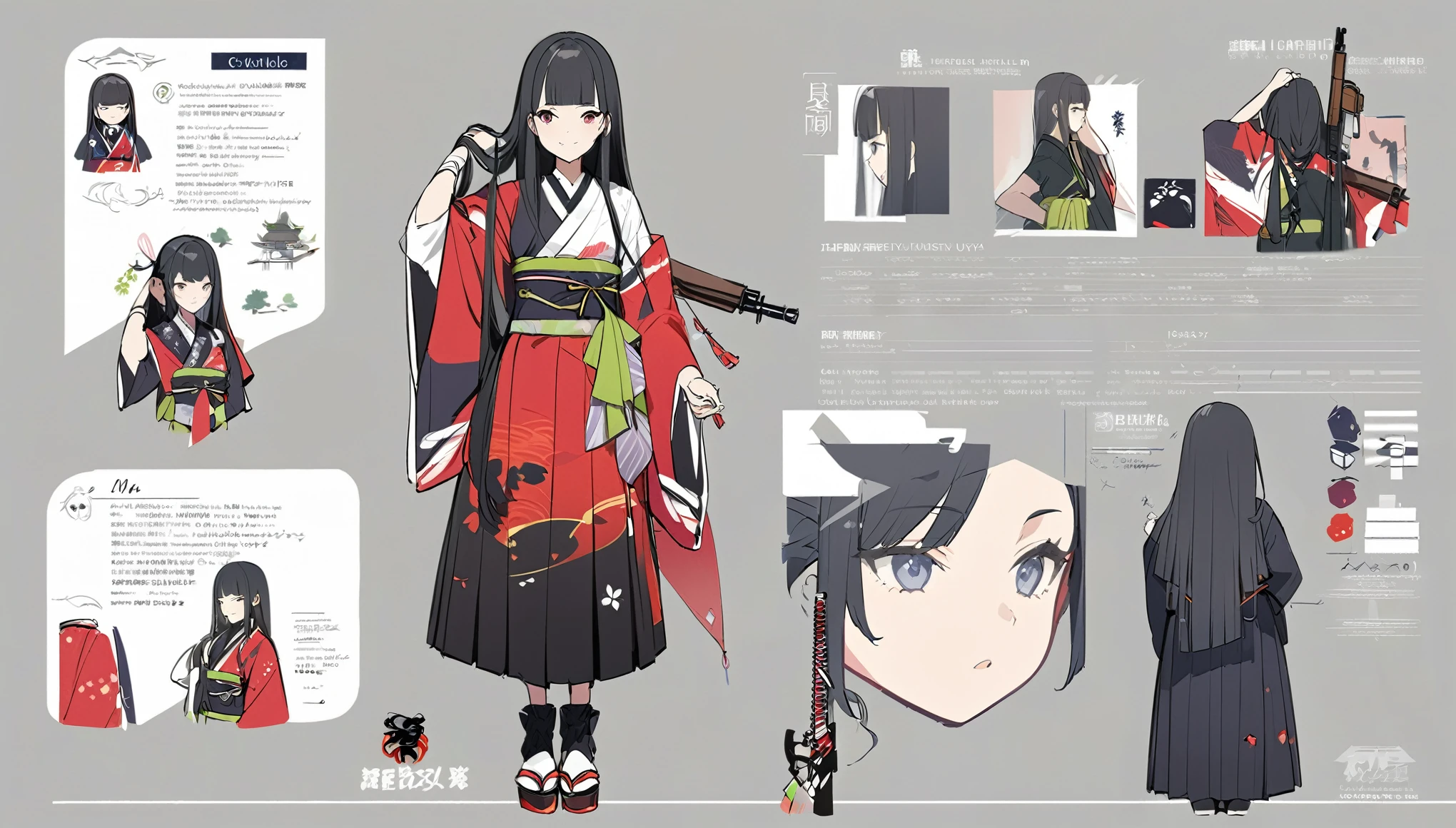 I play at music habs、kimono、Japanese sword、rifle、Tying up hair、gun、Virtual Character Design,Black Hair、blunt bangs、Straight Hair、Concept character sheet, face, Modern design, 1 female,Sexy concept,