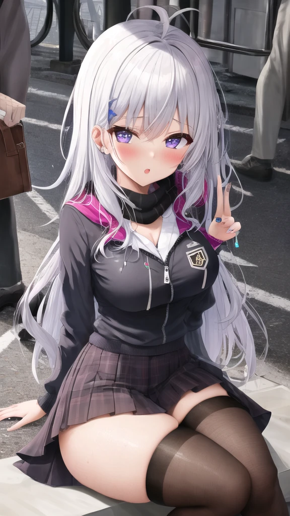 masterpiece, best quality, 1girl, sitting, city, white hair, long hair, purple eyes, buttoned shirt, jacket, scarf, skirt, thigh highs