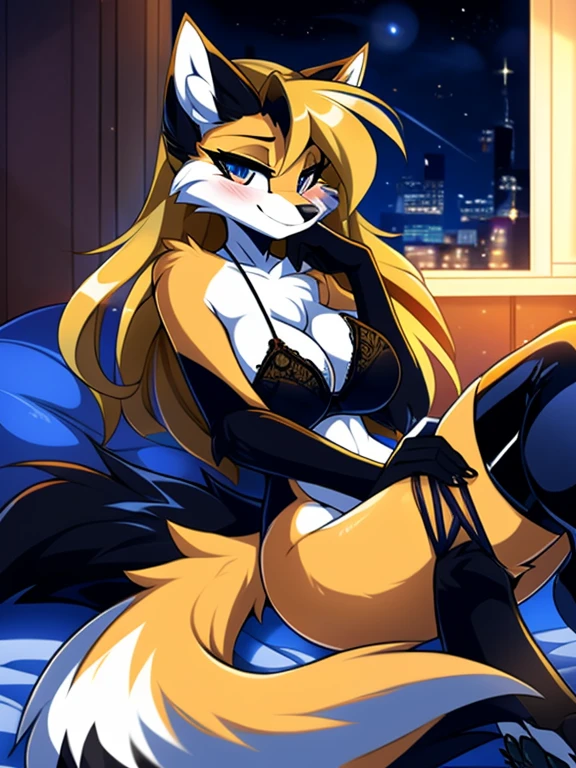 by fluff-kevlar, by ouka, by Kilinah, (((woman, breasts, extremely detailed, extremely detailed legs, extremely detailed arms, extremely detailed face, perfectly detailed eyes, perfectly detailed anatomy))): 1.2, beautiful and detailed portrait of an anthropomorphic vixen ((female))), anthro, female, fox, yellow fur, yellow body, yellow hair, long hair, high definition, good anatomy, highly detailed face, dark lighting, moody lighting, full body, sexy body, slanky body, sexy face, nice, hot, cute, pawpads, paws, paws for hands, showing feet, blushing, friendly smile, smile, friendly, elegant, dark, mysterious, alluring, beautiful, black thigh highs, white thigh strap, wearing sexy black bra and thong, lying on her back, on a bed, tail attached to body