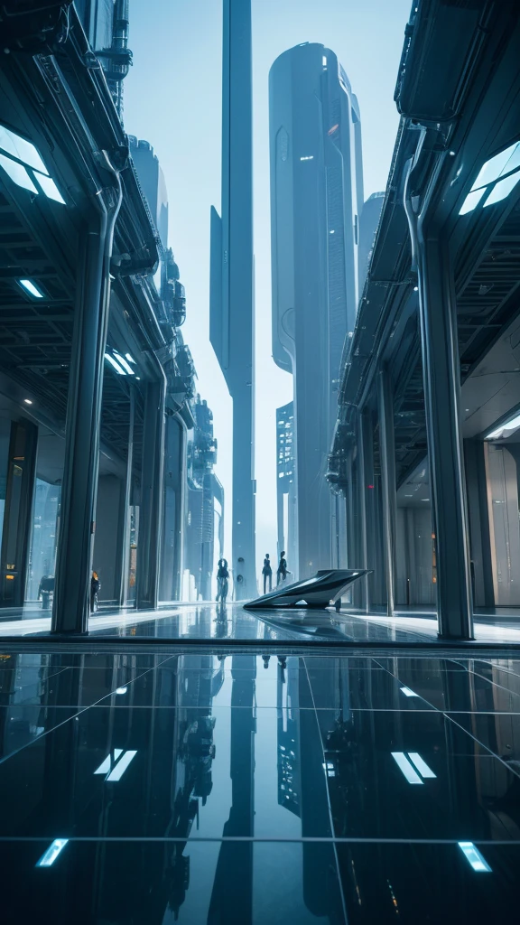A futuristic city, sci-fi architecture, inside, a high-tech laboratory, cutting-edge technology, immense spaces, advanced equipment. The city features sleek, metallic buildings, glass walkways, glowing ambient lights, urban landscape, modern minimalism, alien aesthetics.