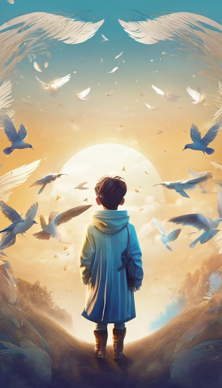 Create a professional, fantastic, cinematic dream-like YouTube Banner for a brand about music, stories, fantasy and dreams called " Penamemoria". Masterpiece, 4k, sharp focus, highest quality,wide shot. The title is " Penamemoria". Is a brand about the creative, unique journey of a boy into becoming a musician storyteller. In his journey, he finds inspiration in a world of birds and feathers. Minimalistic, simple, poetic, dreamy logotype at the center of the image. The Background image is a world full of fantastic feathers, unique birds, light blue sky, soft white and light golden. Logo design of a face of a boy and a face of a feather