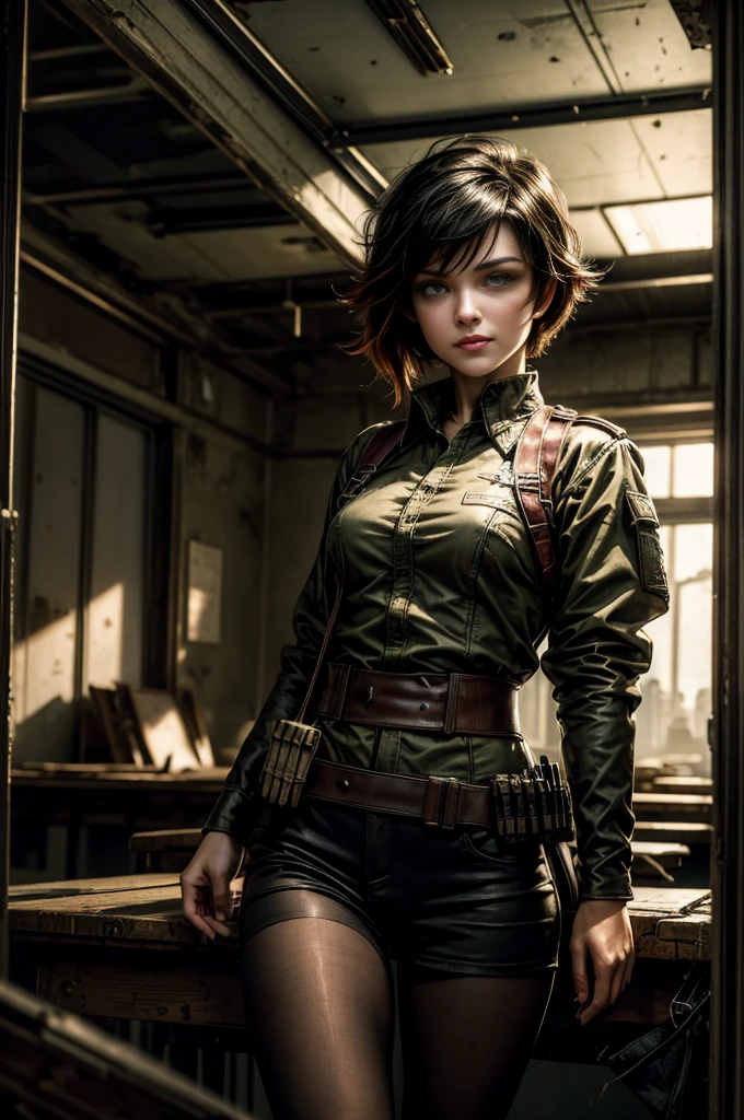 (masterpiece, best quality:1.2), cowboy shot, solo, dynamic pose, 1girl, ruby rose, looking at viewer, grin, military uniform, pantyhose, standing inside wrecked classroom, ruble on old desks, collapsed ceiling, bonfire, crowd outside searching with rifles, (crowd in military uniforms) night, stars, post-apocalypse, dystopian future