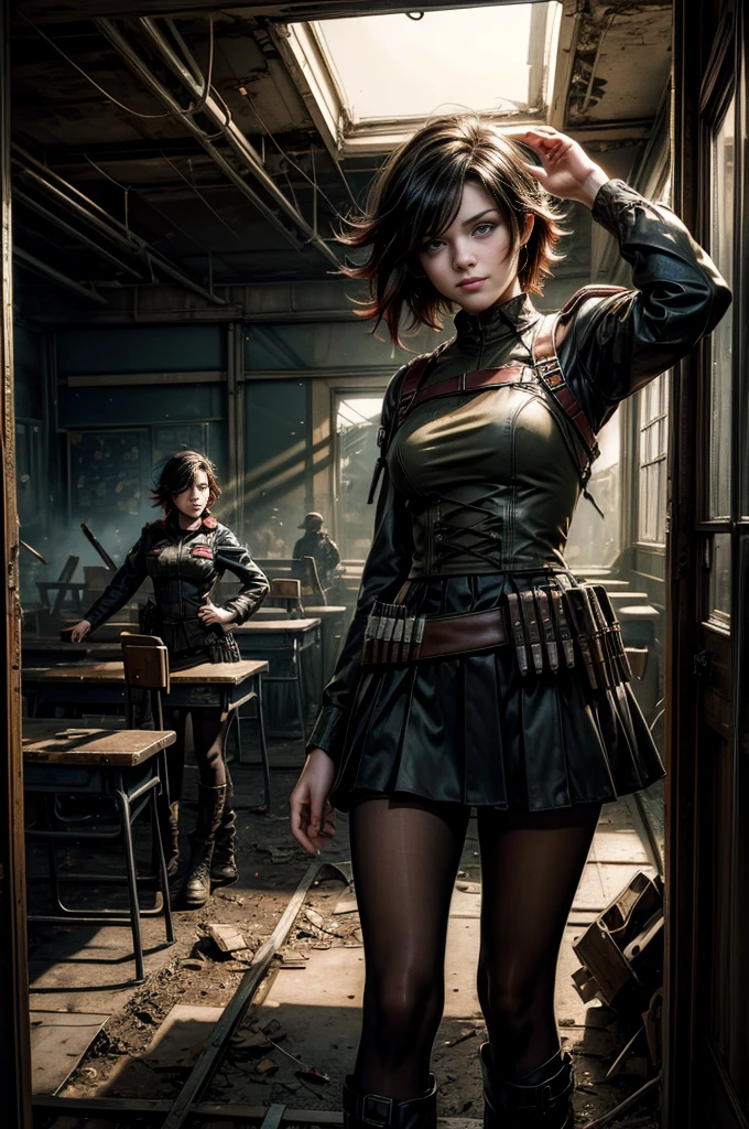 (masterpiece, best quality:1.2), cowboy shot, solo, dynamic pose, 1girl, ruby rose, looking at viewer, grin, military uniform,  pantyhose, standing inside wrecked classroom, ruble on old desks, collapsed ceiling, bonfire, crowd outside searching with rifles, (crowd in military uniforms) night, stars, post-apocalypse, dystopian future 