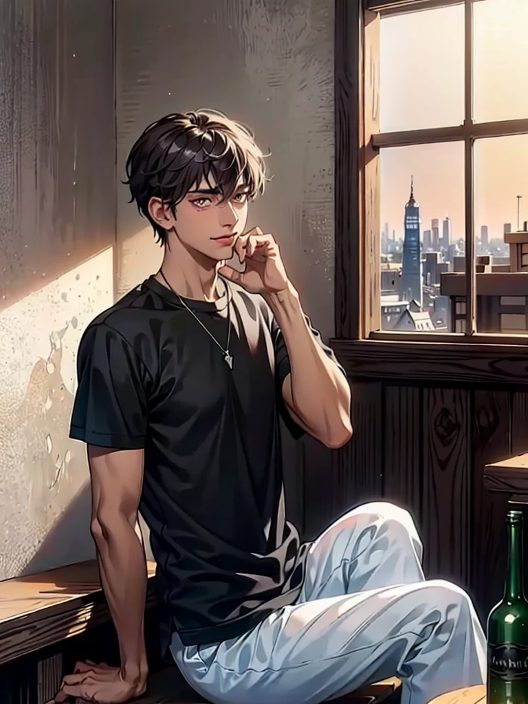 A stylish Indian male wearing a black T-shirt and white pants, with an expressive pair of sad eyes under wavy animely designed hair. He leans on a wooden window frame in a dimly lit room. On the table beside him there is an opened bottle of alcohol and a glass. He takes a pause in the unrelated conversation he is having via his phone,LAUGHING FORCEDLY, as the weight of his problems subtly manifests in his posture. In the background, the faint city lights make a silhouette across the window.