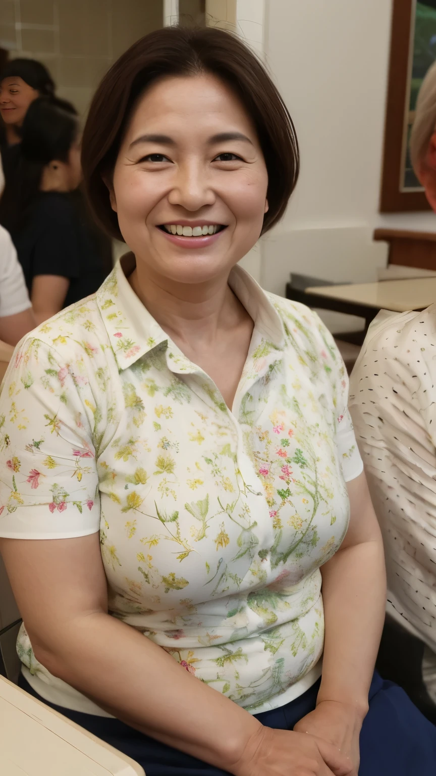 8k wallpaper, masterpiece, Highest quality, Very detailed, One Mature Woman, 50 years old, Become very clear, Wearing a spring-like shirt, Skin dents, Captivating smile, Looking at the audience, , Plump, Curvaceous, Attractive face, Smiling with teeth showing, I was happy, sitting in a cafe, Background Blur