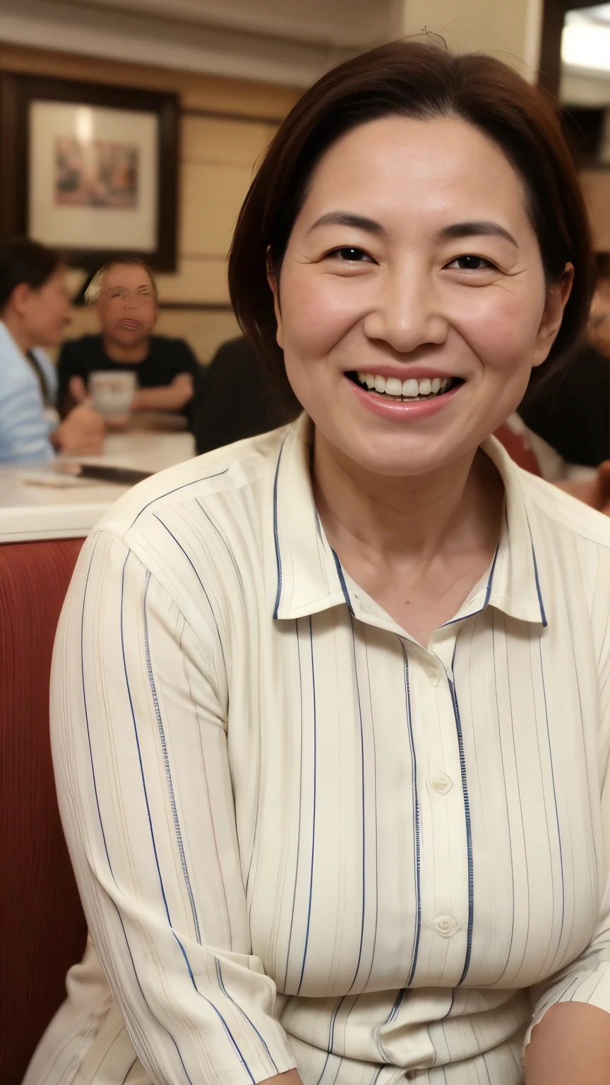 8k wallpaper, masterpiece, Highest quality, Very detailed, One Mature Woman, 50 years old, Become very clear, Wearing a spring-like shirt, Skin dents, Captivating smile, Looking at the audience, , Plump, Curvaceous, Attractive face, Smiling with teeth showing, I was happy, sitting in a cafe, Background Blur