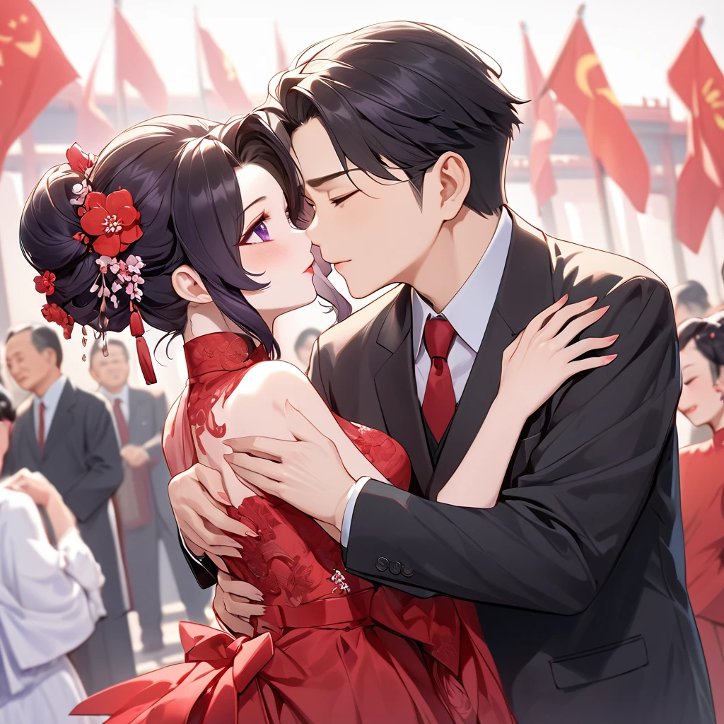 ((Highest quality)), ((masterpiece)), (detailed), （Perfect Face）、The woman is a Chinese woman named Kocho Shinobu.。, Purple gradient bob black hair and formal evening hairstyles. She is wearing an engagement ring. She is a prominent member of the Chinese Communist Party.、She is the wife of a great old Communist Party official.、The woman is wearing a gorgeous red wedding dress that is typical of the Chinese Communist Party.、She is seen hugging and kissing a dignified elderly Communist Party official in a loving wedding ceremony.。