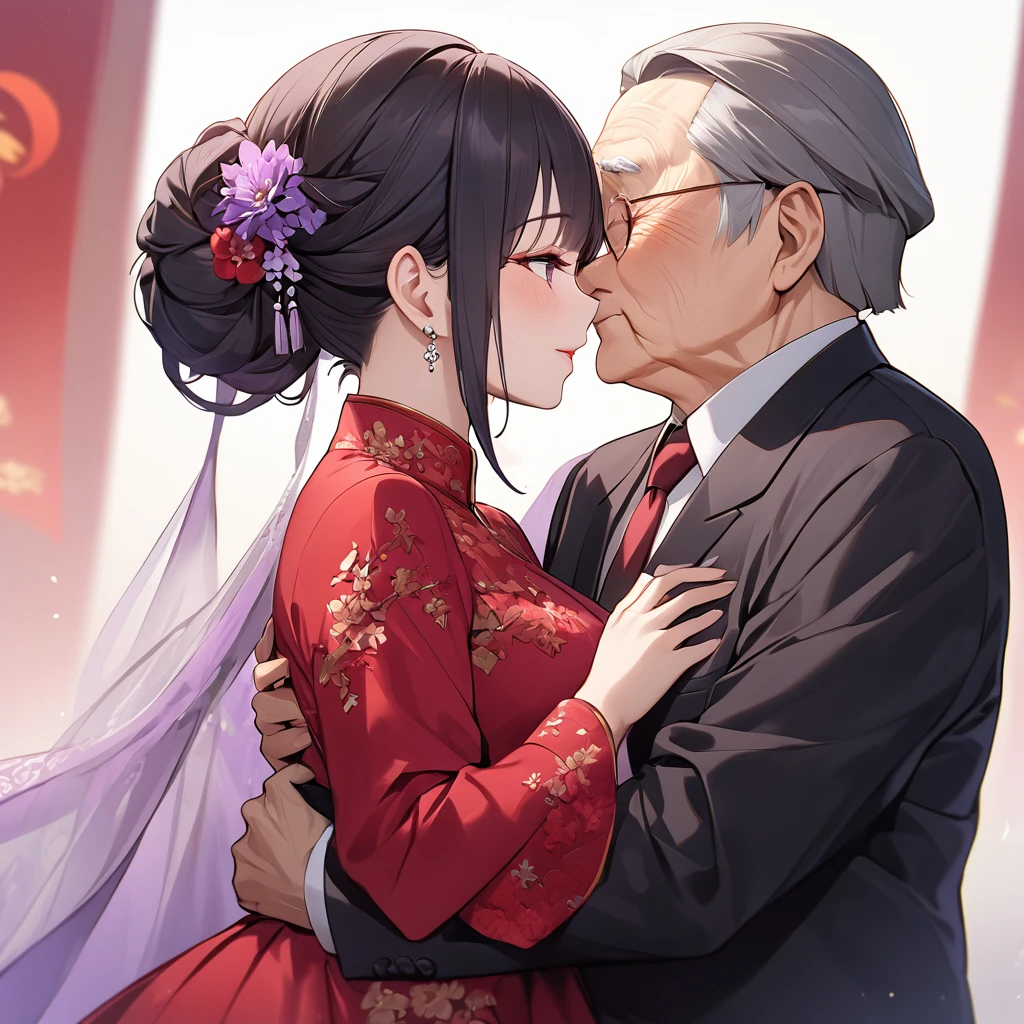 ((Highest quality)), ((masterpiece)), (detailed), （Perfect Face）、The woman is a Chinese woman named Kocho Shinobu.。, Purple gradient bob black hair and formal evening hairstyles. She is wearing an engagement ring. She is a prominent member of the Chinese Communist Party.、She is the wife of a great old Communist Party official.、The woman is wearing a gorgeous red wedding dress that is typical of the Chinese Communist Party.、She is seen hugging and kissing a dignified elderly Communist Party official in a loving wedding ceremony.。