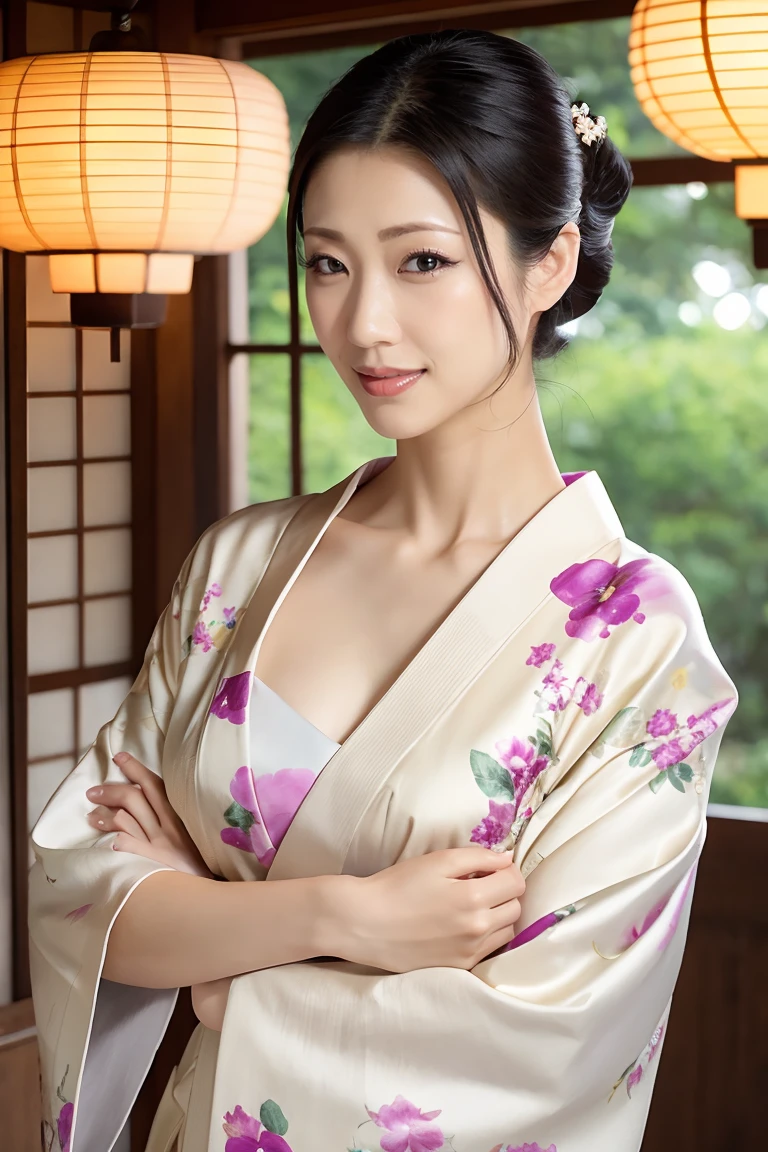 (Highest quality、Tabletop、8k、Best image quality、Award-winning works)、(One beautiful mature woman:1.1)、Adult face、(Innkeeper:1.1)、(Elegant floral kimono:1.2)、(V-neck collar:1.1)、(Cleavageが露わになる:1.2)、(Kimono that exposes the chest:1.3)、(Cleavage:1.5)、(Open chest:1.3)、(Large Breasts:1.4)、(Large Breastsの谷間を露出する:1.5)、Perfect mature woman portrait photo、Glowing Skin、Standing Elegantly、(Blurred elegant and exquisite perfect Japanese style room background:1.3)、(The most natural and perfect tidy Japanese style room background:1.2)、Glowing White Skin、Very white skin、(Accentuate your body lines:1.1)、(The most graceful posture:1.2)、A perfect smile、Perfect beautiful glossy lips、(Accurate anatomy:1.1)、(A perfect and elegant outfit:1.1)、(Standing with good posture:1.1)、(Face close-up:1.1)、(Front facing body:1.2)