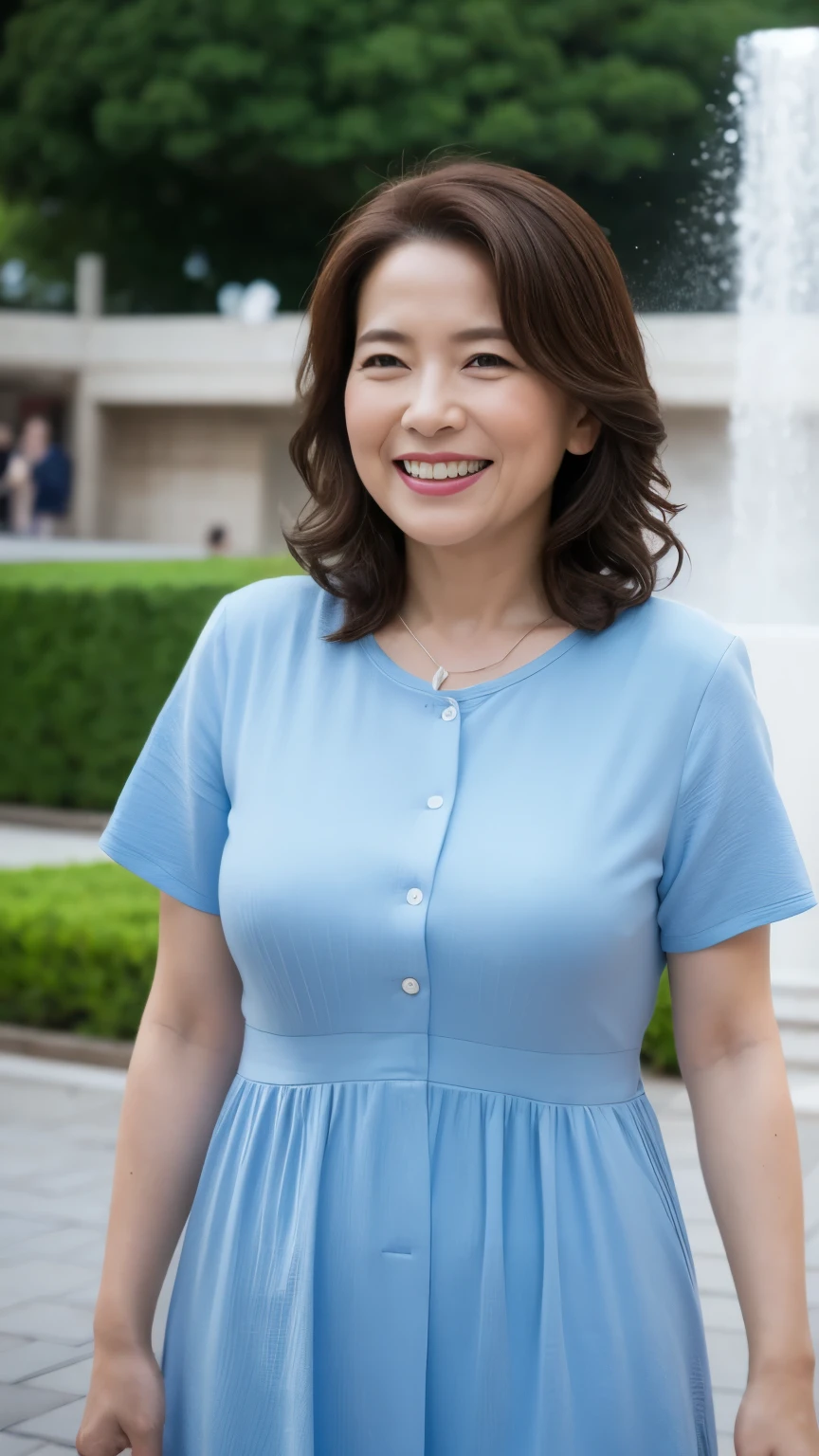 最high quality, In 8K, whole body, Real, Upper Body, high quality, High resolution, Detailed face, Detailed eyes, Thick lips, (Look at the viewers), alone, Middle-aged women, , 60 years old, , Wavy Hair, , Wearing short sleeves, Standing in front of a fountain, Wrinkles around the eyes, Smiling with teeth showing, Background Blur