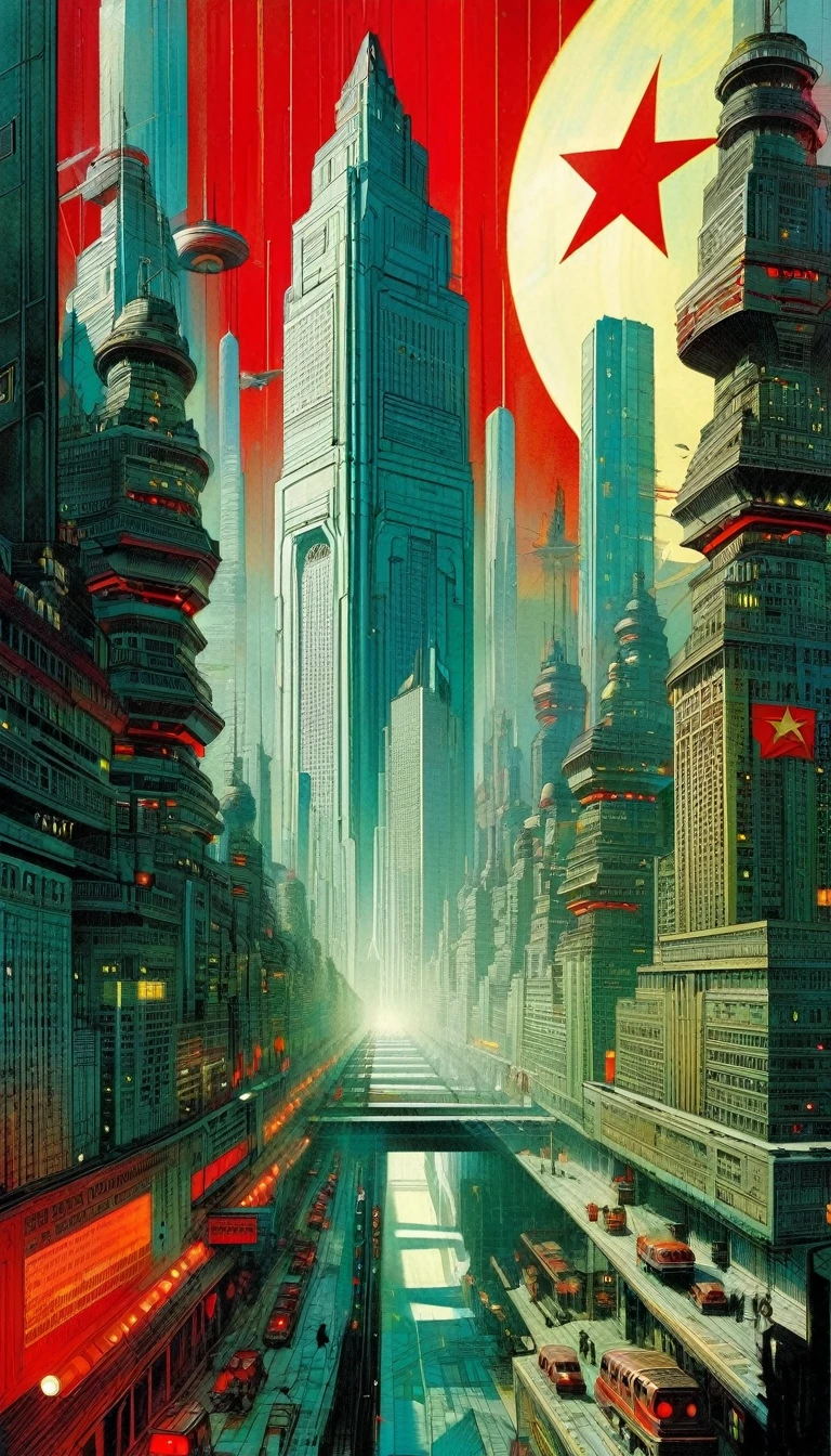 the incredible futuristic city of communism, art inspired by Bill Sienkiewicz and Dave McKean.