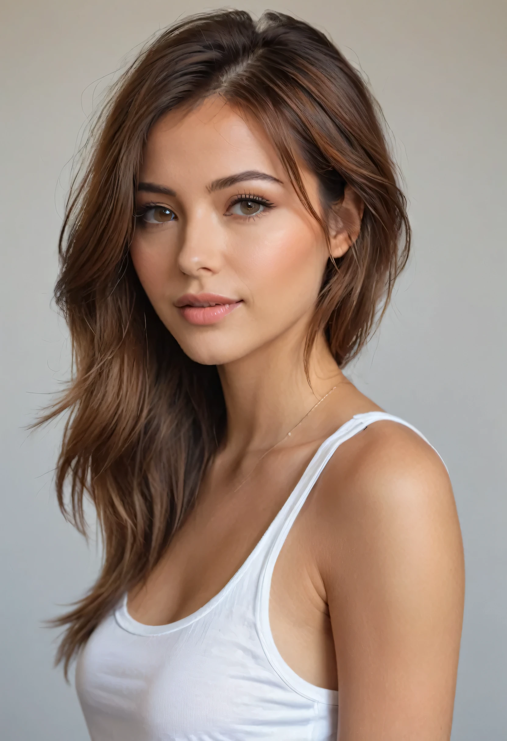hyper Réaliste,,aqheodd, Réaliste style, a woman with cheveux longs and a white tank top, 1fille, seulement, cheveux longs, regarder le spectateur, cheveux bruns, chemise, yeux marrons, white chemise, Haut du corps, parted Lèvres, dents, Lèvres, portrait, Réaliste, détaillé, complexe, élégant, Lumière, netteté, Beau, superbe, hautement doté