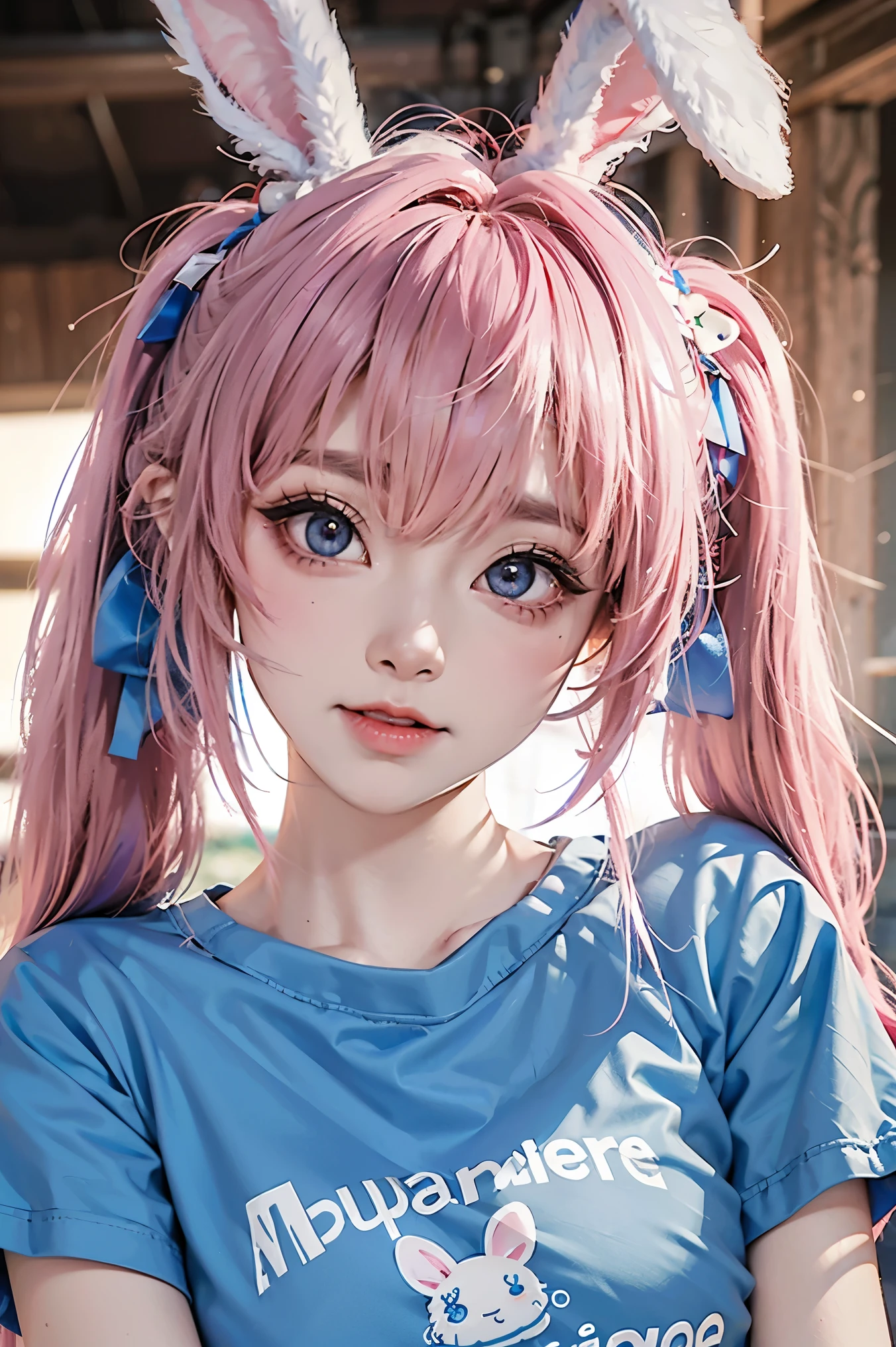 Best quality, masterpiece, photorealistic, 8k, high details, original photo, 1 18-year-old girl, close-up of upper body, blue hair, bunny ears and double ponytails, cute face, big eyes, blue glowing pupils, pale face , pink blush, pink lips, light printed T-shirt, indoor, depth of field