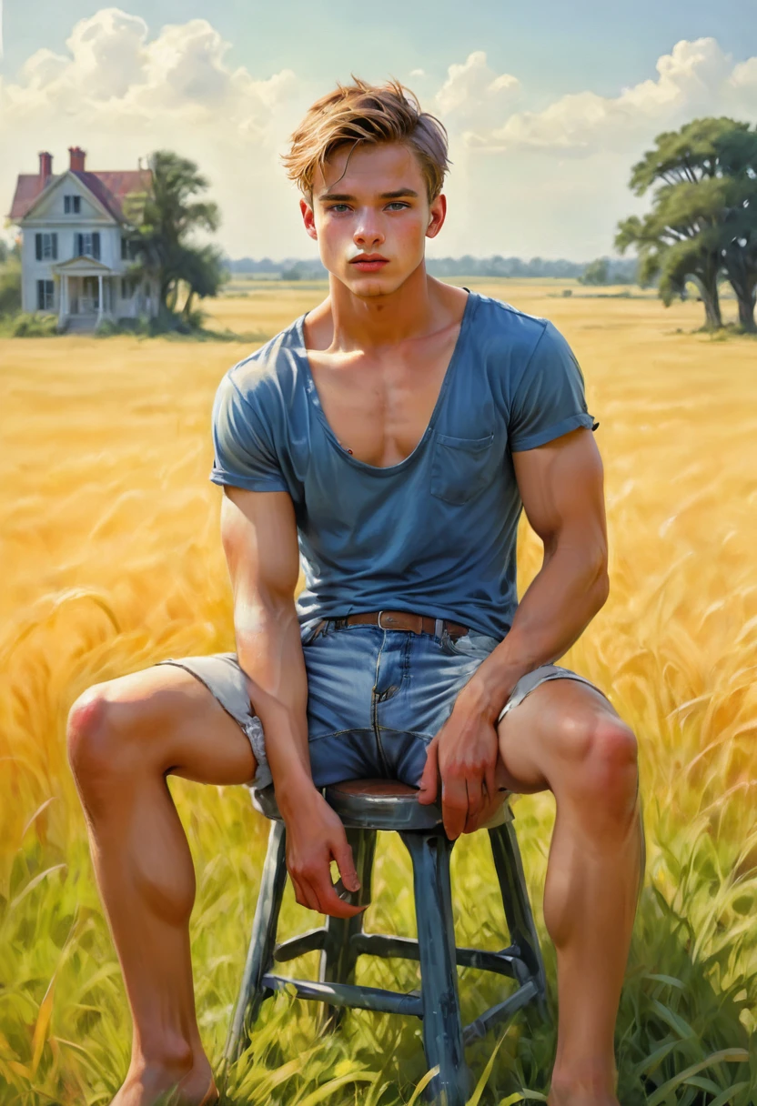 Body Position: Sitting on a chair or bench, slightly leaning forward. Facial Expression: Thoughtful and introspective. Leg Position: Legs apart, one foot slightly forward. Arm Position: One hand on the chin, the other resting on the knee. Emotion: Contemplation and depthfull body, 20 years old man, shirtless, barefoot, wearing jeans, wearing a toe ring beautifull, gorgeous, perfect realistic detailed muscles, muscled legs, adorable face, taller, masculine gaze, confident look, soft perfect white skin, barefoot, blue eyes, perfect anatomy, portrait, a painting of a young man Pencil Sketches by Albert Eckhout enchanting, standing gracefully beside a metallic orange Land Rover parked on a sun-drenched grassy field, with a stately plantation intense yellow house in the background fullcolor, sticker of a full body picture of a beautyfull young man, highly detailed beautyfull face, freedom, soul, digital illustration, approaching perfection, dynamic, highly detailed, watercolor painting, artstation, concept art, smooth, sharp focus, illustration in the style of artists like Russ Mills, Sakimichan, Wlop, Loish, Artgerm, Darek Zabrocki, and Jean-Baptiste Monge