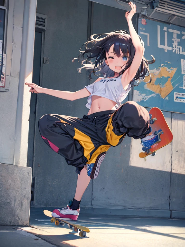 One Girl、Put on a shirt、Tank top、belly button、Large size trousers、skateboard、Skateboarding、Hair blowing in the wind、action、laughing、Dynamic composition、