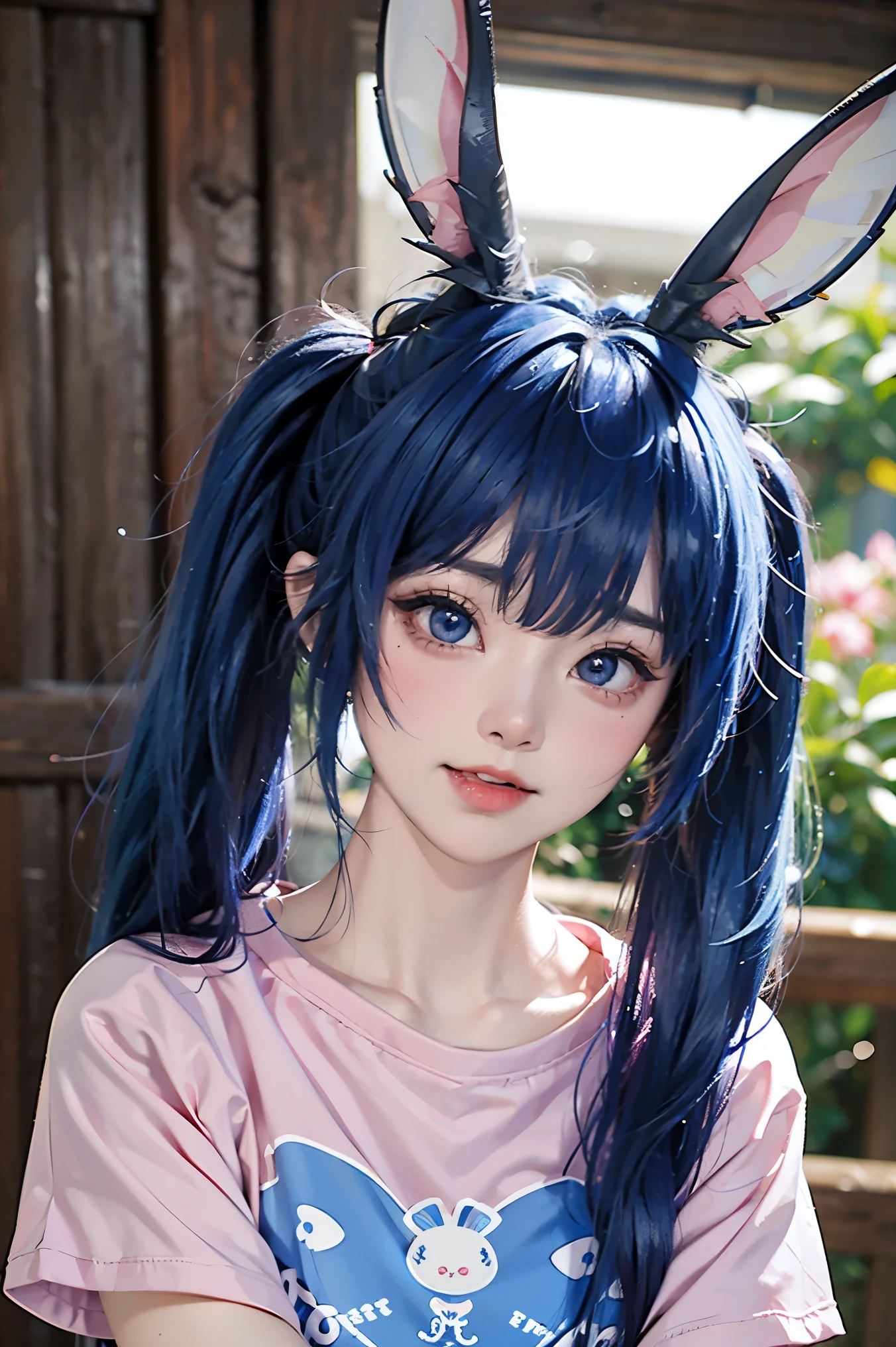 Best quality, masterpiece, photorealistic, 8k, high details, original photo, 1 18-year-old girl, close-up of upper body, blue hair, bunny ears and double ponytails, cute face, big eyes, blue glowing pupils, pale face , pink blush, pink lips, light printed T-shirt, indoor, depth of field