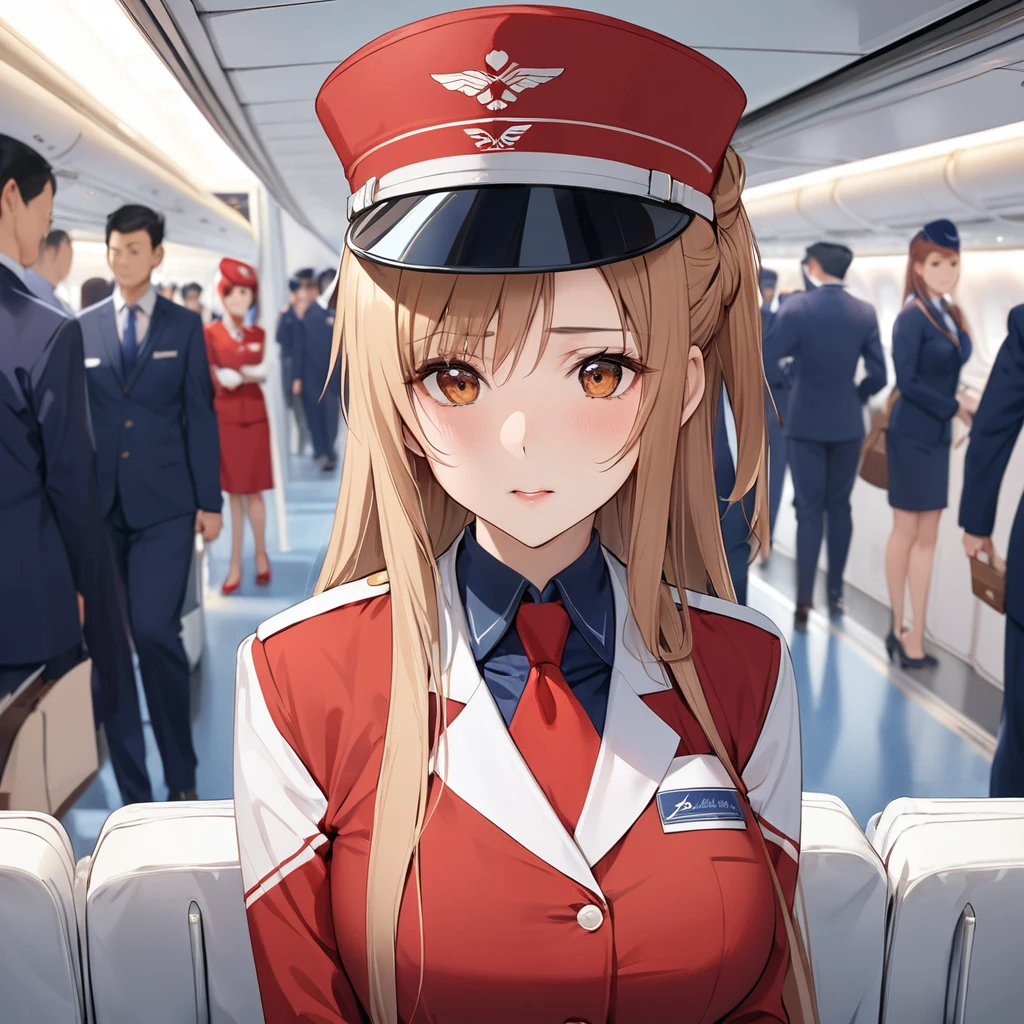 ((Highest quality)), ((masterpiece)), (detailed), （Perfect Face）、The woman is Yuuki Asuna, a flight attendant for Shandong Airlines, a Chinese woman with light brown, medium-long hair.、The woman is wearing a red Shandong Airlines flight attendant uniform, a uniform scarf and a uniform hat.、She is wearing the bright red uniform that is so typical of China.、Flight attendants were photographed gathering in a line.