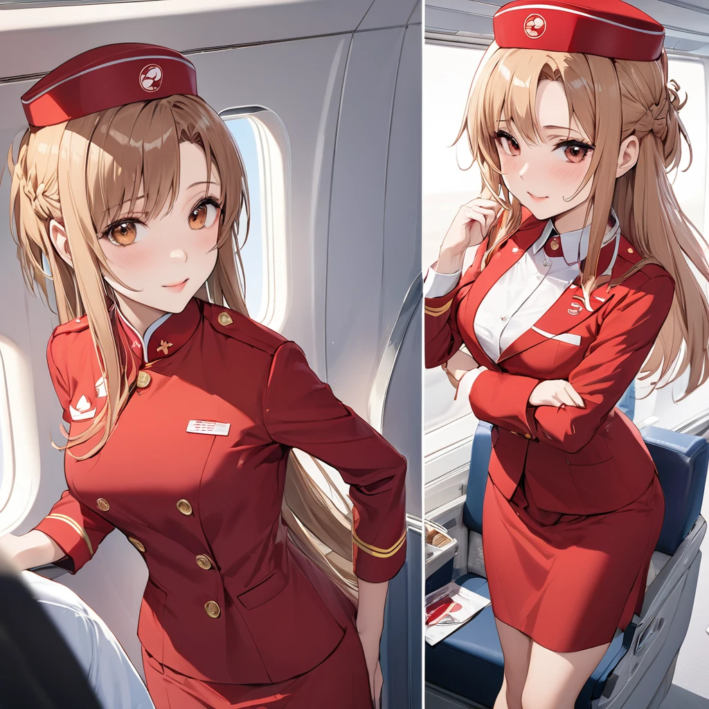 ((Highest quality)), ((masterpiece)), (detailed), (Perfect Face)、The woman is a Chinese flight attendant for Air China, named Yuuki Asuna, with light brown, medium-long hair.、The woman is wearing the red uniform of an Air China flight attendant.、The woman is an honorable special flight attendant reserved for members of the Chinese Communist Party.