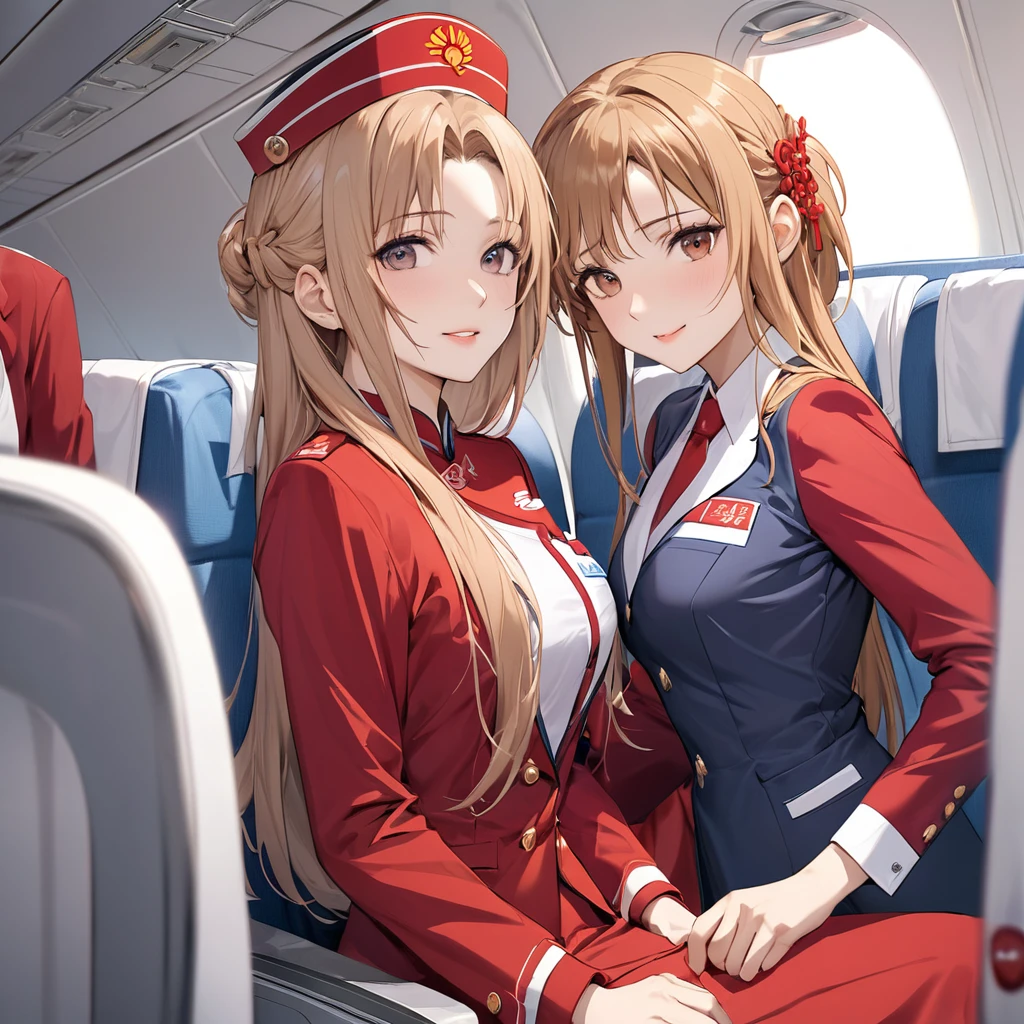 ((Highest quality)), ((masterpiece)), (detailed), (Perfect Face)、The woman is a Chinese flight attendant for Air China, named Yuuki Asuna, with light brown, medium-long hair.、The woman is wearing the red uniform of an Air China flight attendant.、The woman is an honorable special flight attendant reserved for members of the Chinese Communist Party.