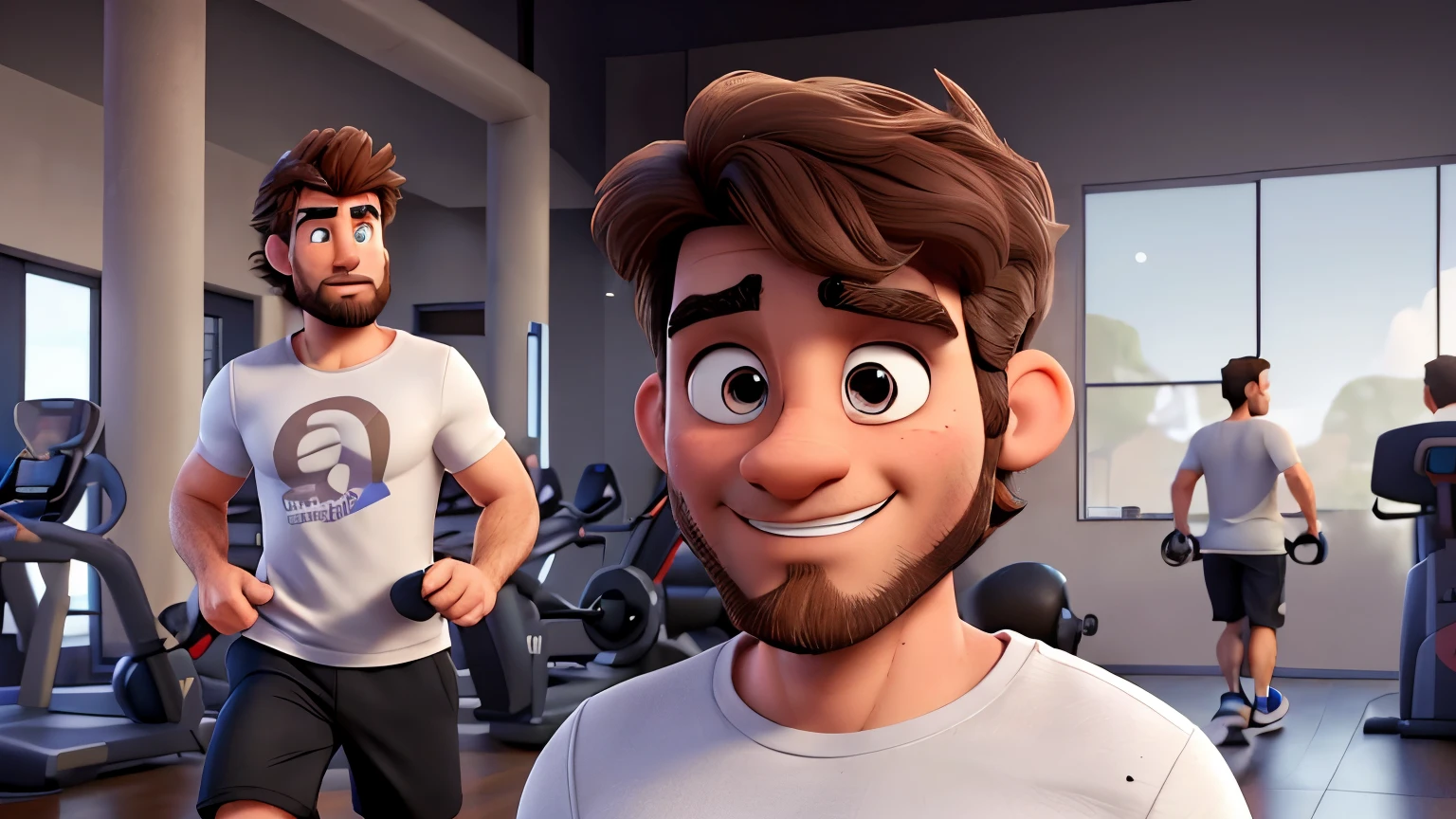 Handsome man 38 years old, alone at the gym, skin fair, Patchy Beard, Messy hair, very detailed face, with white t-shirt, black sneakers, warming-up on the treadmill, disney pixar 3d style, 16K