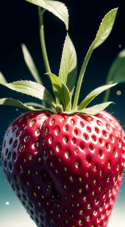 Splitting a strawberry，Capture stunning details with a macro lens，The strawberry is being split. atomiic nucluear explosian by splitting the strawberry. This image was created using a digital simulation of a soft brush，Completed in unison in a fascinating and mysterious sci-fi setting，A perfect blend of natural beauty and surreal aspects