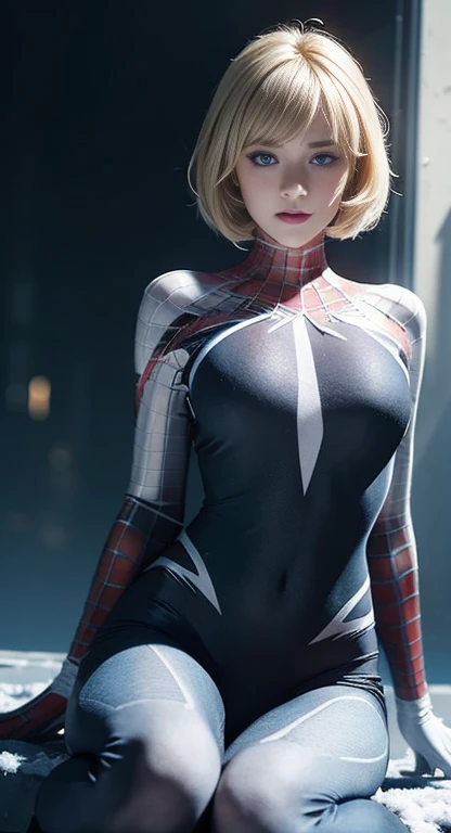 (One girl: 1.3), alone, beautiful face, (((extremely Detailed face))),(((extremely Detailed face and eyes)),beautiful detailed eyes, Body parts__, Official Art, 8k unified wallpaper, Very detailedな, beautiful and aesthetic, beautiful, masterpiece, 最high quality, born, masterpiece, Ultra-thin photo, 最high quality, Ultra-high resolution, photorealistic realism, sunlight, Full body portrait, Great beauty, short blonde haircut, Dynamic pose, Delicate face, Bright blue eyes, (from the front), She is wearing a nylon outfit (inspired by Spiderman costume), Cosplay ('/snow/'), red, Transparent white and black color scheme, Top floor of a skyscraper, Very detailed, Detailed face, Detailed, intricate and busy background, Messy, beautiful, milky, Very detailedな肌, Realistic skin detail, Visible pores, Sharp focus, Volume Mist, 8K Ultra HD, Digital SLR, high quality, Film Grain, Fair skin, Photorealism, Lomography, Future dystopian megacity, View from below, translucent