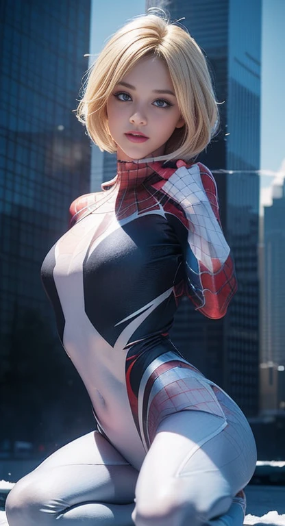 (One girl: 1.3), alone, beautiful face, (((extremely Detailed face))),(((extremely Detailed face and eyes)),beautiful detailed eyes, Body parts__, Official Art, 8k unified wallpaper, Very detailedな, beautiful and aesthetic, beautiful, masterpiece, 最high quality, born, masterpiece, Ultra-thin photo, 最high quality, Ultra-high resolution, photorealistic realism, sunlight, Full body portrait, Great beauty, short blonde haircut, Dynamic pose, Delicate face, Bright blue eyes, (from the front), She is wearing a nylon outfit (inspired by Spiderman costume), Cosplay ('/snow/'), red, Transparent white and black color scheme, Top floor of a skyscraper, Very detailed, Detailed face, Detailed, intricate and busy background, Messy, beautiful, milky, Very detailedな肌, Realistic skin detail, Visible pores, Sharp focus, Volume Mist, 8K Ultra HD, Digital SLR, high quality, Film Grain, Fair skin, Photorealism, Lomography, Future dystopian megacity, View from below, translucent