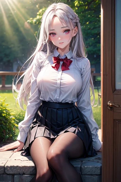 High school girl with silver hair ponytail、Green plaid skirt、white blouse and green tie、white stockings、White garter belt、no panties,no bra,pussy juice,pussy,vagina,orgasm,Place a finger in the vagina、red blush、Ecstatic look、5-Fingers、(touch the clitoris)、terrace seats in coffee shop、