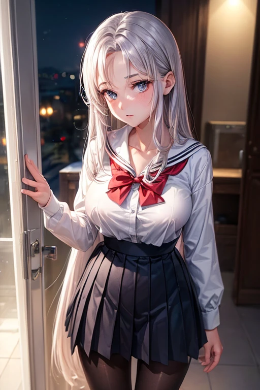 Female, height: 135 cm, weight: 50 KG, hip circumference: 80, waist circumference: 54, bust circumference: 73, face: oval face, hair color: white, eye color: red, clothing: white JK short skirt uniform, scene: classroom.loli,Short height