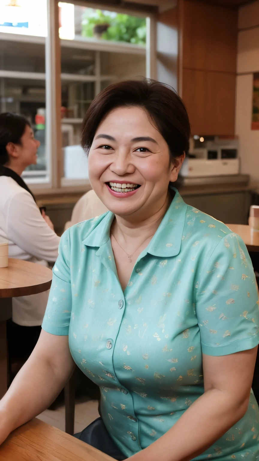 8k wallpaper, masterpiece, Highest quality, Very detailed, One Mature Woman, 50 years old, Become very clear, Wearing a spring-like shirt, Skin dents, Captivating smile, Looking at the audience, , Plump, Curvaceous, Attractive face, Smiling with teeth showing, I was happy, sitting in a cafe, Background Blur