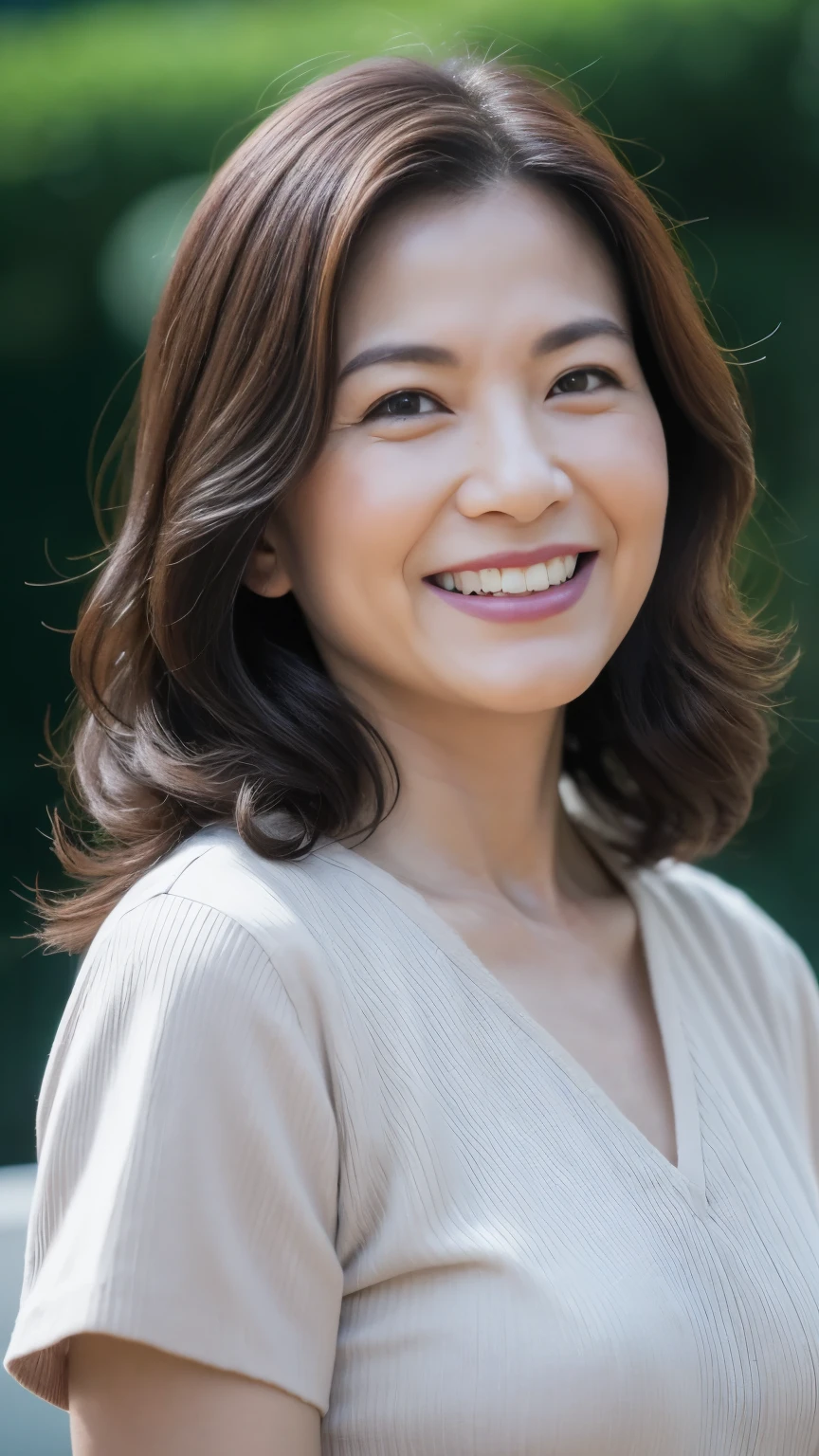 最high quality, In 8K, whole body, Real, Upper Body, high quality, High resolution, Detailed face, Detailed eyes, Thick lips, (Look at the viewers), alone, Middle-aged women, , 60 years old, , Wavy Hair, , Wearing short sleeves, Standing in front of a fountain, Wrinkles around the eyes, Smiling with teeth showing, Background Blur
