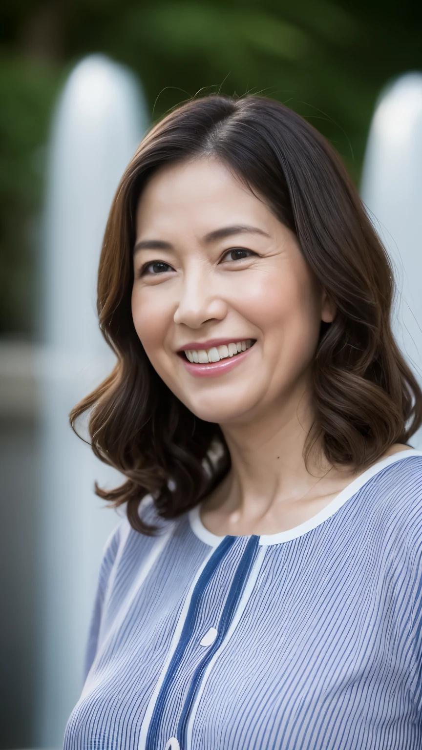 最high quality, In 8K, whole body, Real, Upper Body, high quality, High resolution, Detailed face, Detailed eyes, Thick lips, (Look at the viewers), alone, Middle-aged women, , 60 years old, , Wavy Hair, , Wearing short sleeves, Standing in front of a fountain, Wrinkles around the eyes, Smiling with teeth showing, Background Blur